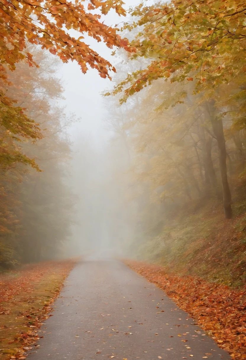 in einer nebligen Stadt, colorful autumn leaves on the street, ein Bild von Kuno Veeber, Gewinner des Pixabay-Wettbewerbs, Konzeptkunst, Im Regen , ((neblig)) und regnerisch, Bild mit Schatten, in einer regnerischen Umgebung, Regenwetter, Rainy roads in the background , ((Nebel mit Lichtschein)) ((Ansicht von hinten)), Licht von vorn, ke((keine Autos)), keine Menschen, ein Fuchs im Nebel