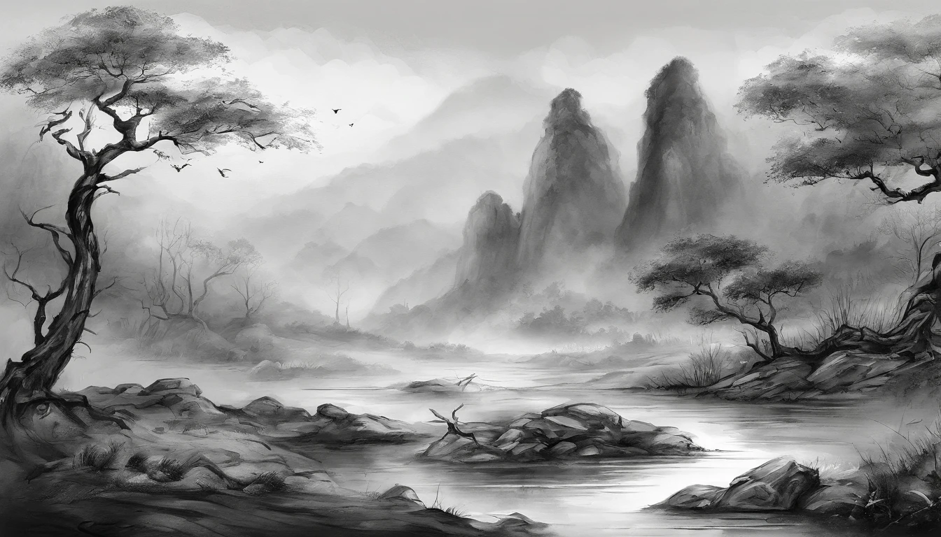 Dead vines,old trees,Woat,small bridges,flowingwater,Family,Road,zephyr,Skinny horse,Sunset,Broken intestines are at the end of the world,Black and white ink painting,Black and white gray,(Chinese landscape painting),(ink and watercolor painting),(8k wallpaper),Extremely detailed picture depiction,wide angles,depth of fields,tmasterpiece,realisticlying,Beautifully depicted,A detailed,acurate,Works of masters,tmasterpiece