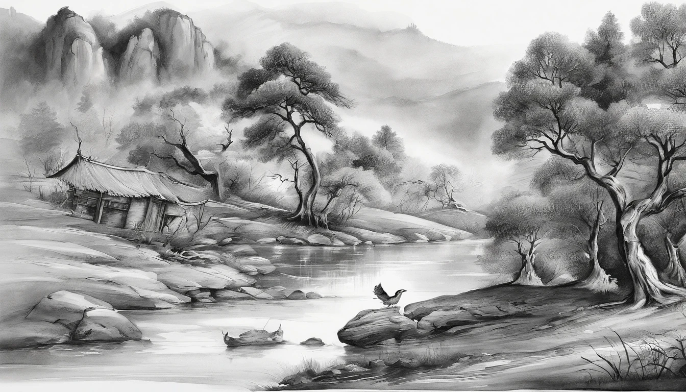 Dead vines，old trees，Woat，small bridges，flowingwater，Family，Road，zephyr，Skinny horse，Sunset，Broken intestines are at the end of the world，Black and white ink painting，Black and white gray，（Chinese landscape painting），（ink and watercolor painting），（8k wallpaper），Extremely detailed picture depiction，wide angles，depth of fields，tmasterpiece，realisticlying，Beautifully depicted，A detailed，acurate，Works of masters，tmasterpiece