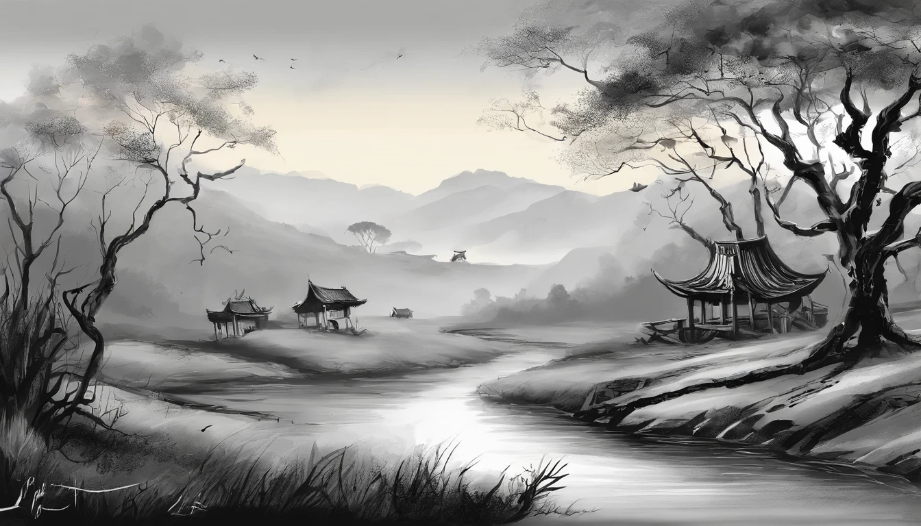 Dead vines,old trees,Woat,small bridges,flowingwater,Family,Road,zephyr,Skinny horse,Sunset,Broken intestines are at the end of the world,Black and white ink painting,Black and white gray,(Chinese landscape painting),(ink and watercolor painting),(8k wallpaper),Extremely detailed picture depiction,wide angles,depth of fields,tmasterpiece,realisticlying,Beautifully depicted,A detailed,acurate,Works of masters,tmasterpiece