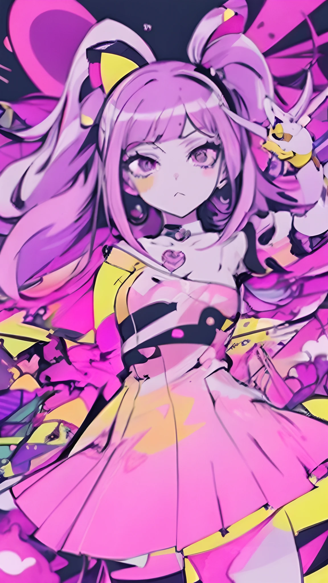 A close-up of a cartoon girl in a purple and yellow dress, Arte digital de Danganronpa, dreamy psychedelic anime, Arte abstracto de anime, Portada del anime, Arte de anime clave detallado, Estilo de arte de persona, glitchy