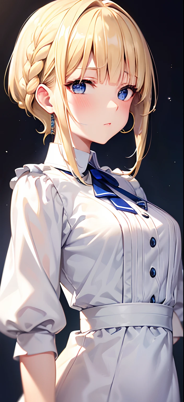 Best Quality,masutepiece,Glossy blonde,Blue eyes,White clothes, look down on, Upper body,Strands of hair,Fair skin,a short bob,wet through,french braids,Blush and redness,Blunt bangs,hoop earrings,Gradient Hair,Left sideburns are longer than right sideburns