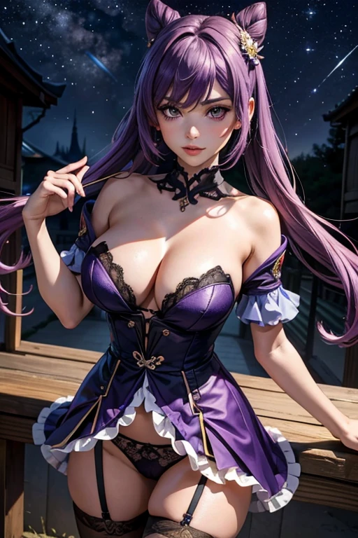 A girl, Keqing , Genshin Impact, blushing face , Purple panty, Porte-jartelle violet, bas violet, purple lace stockings, No Bra , hide boobs with hands (Best quality:1.1), (Masterpiece:1.4), 1fille, (cheveux volumineux)+ , ((cheveux longs))++, cheveux longs , (Yeux violet) , (big lips)+, peau brillante, brillant, starry night,