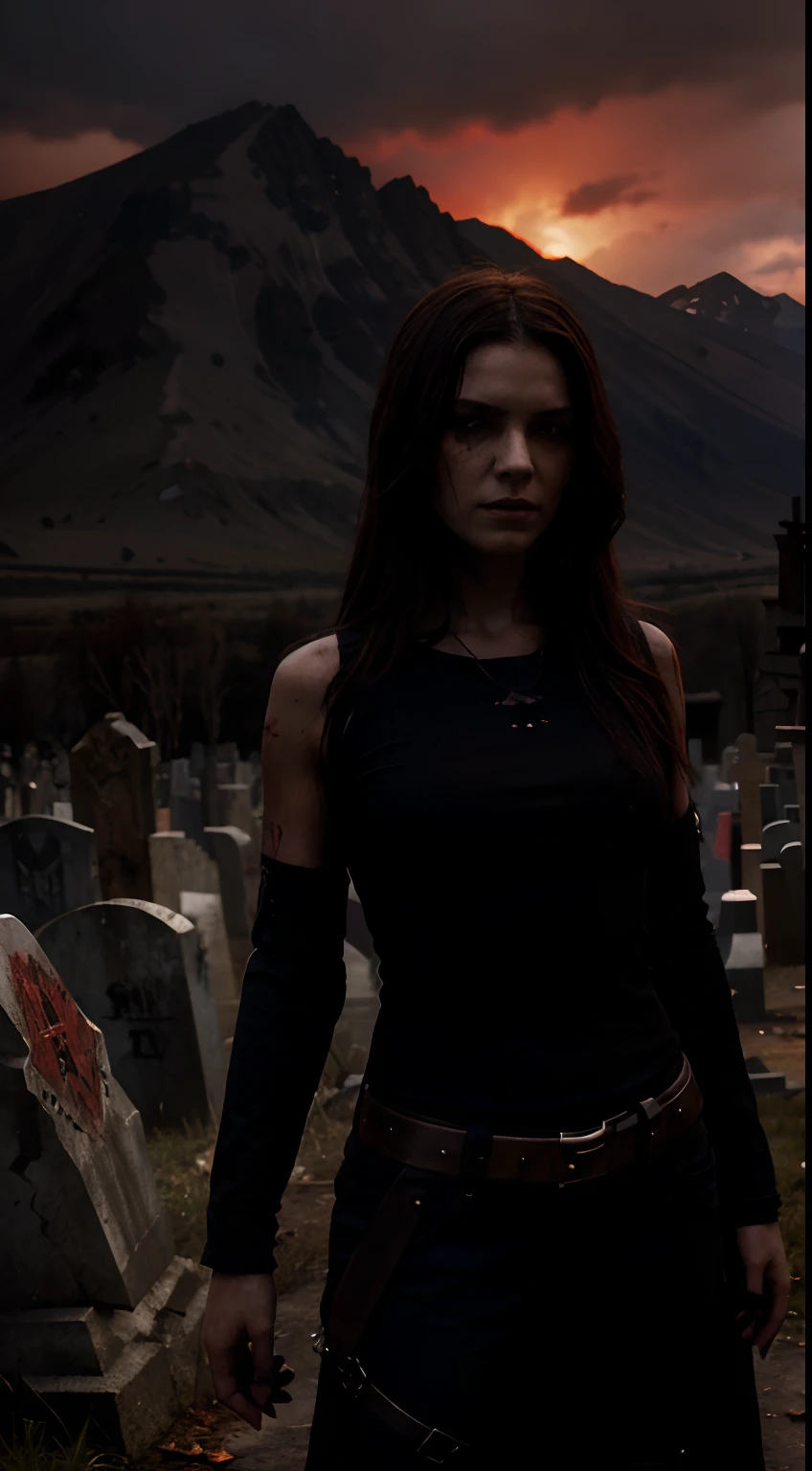 motivation, dark,evil, scifi style, female,red, darker, dark background, evil character, horror style, fighting dark pit, dead monsters ,walley of dead sun , dark, mountains, graveyard