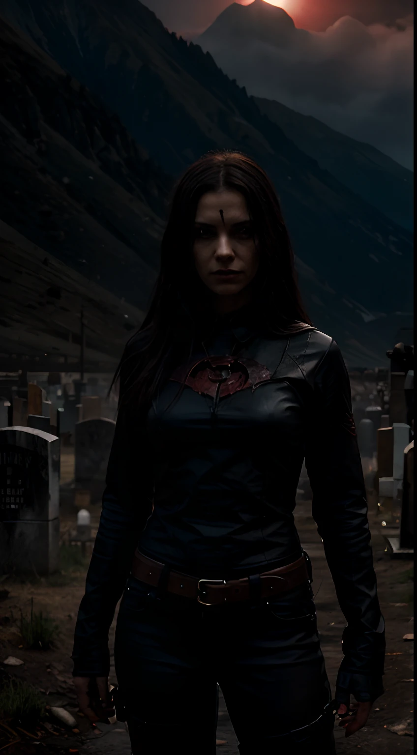 motivation, dark,evil, scifi style, female,red, darker, dark background, evil character, horror style, fighting dark pit, dead monsters ,walley of dead sun , dark, mountains, graveyard