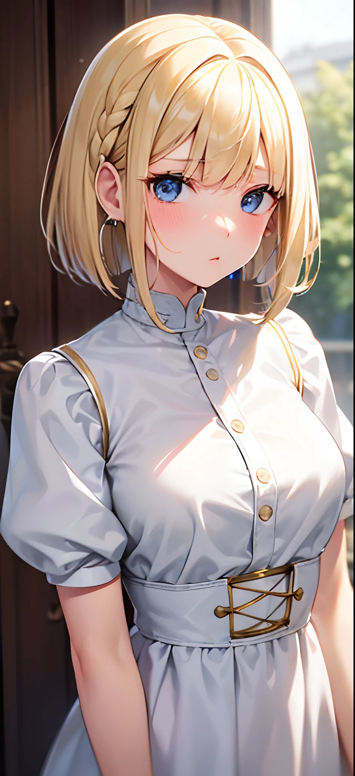 Best Quality,masutepiece,Glossy blonde,Blue eyes,White clothes, look down on, Upper body,Strands of hair,Fair skin,a short bob,wet through,french braids,Blush and redness,Blunt bangs,hoop earrings,Gradient Hair,Left sideburns are longer than right sideburns