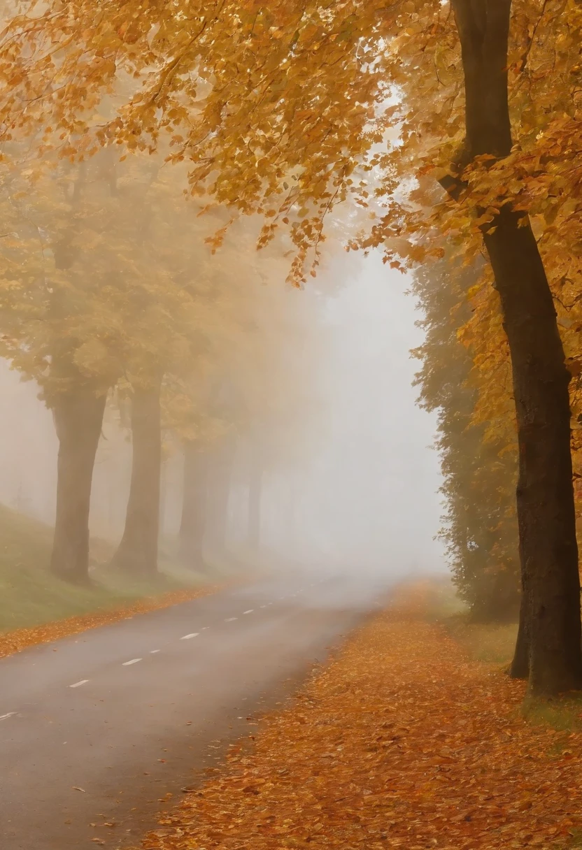 in einer nebligen Stadt, colorful autumn leaves on the street, ein Bild von Kuno Veeber, Gewinner des Pixabay-Wettbewerbs, Konzeptkunst, Im Regen , ((neblig)) und regnerisch, Bild mit Schatten, in einer regnerischen Umgebung, Regenwetter, Rainy roads in the background , ((Nebel mit Lichtschein)) ((Ansicht von hinten)), Licht von vorn, ke((keine Autos)), keine Menschen, ((Fahrradfahrer im Nebel)(Ansicht von hinten))