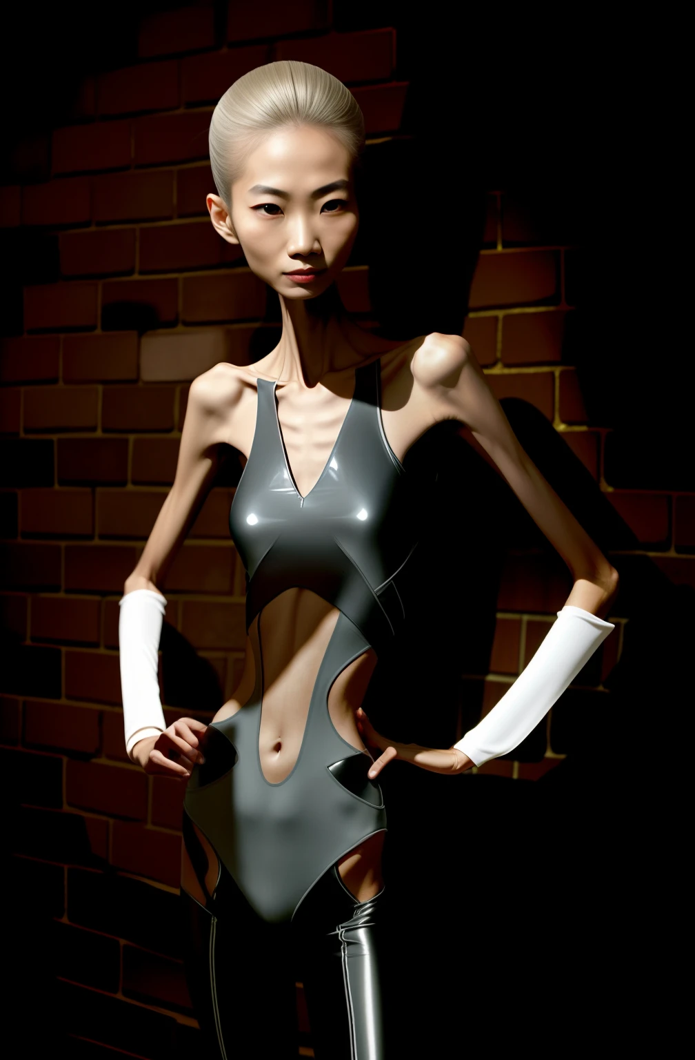 Extremely thin woman, A thin body,The sternum is distinct,Slim waist,The ribs are noticeable,The pelvis is visibly protruding,White skin of the,Thin shoulders,Very slim waist,Extremely skinny,Sunken abdomen,Skin and bones,short detailed hair,Haggard face,Wear a tight-fitting one-piece latex suit,Asian face