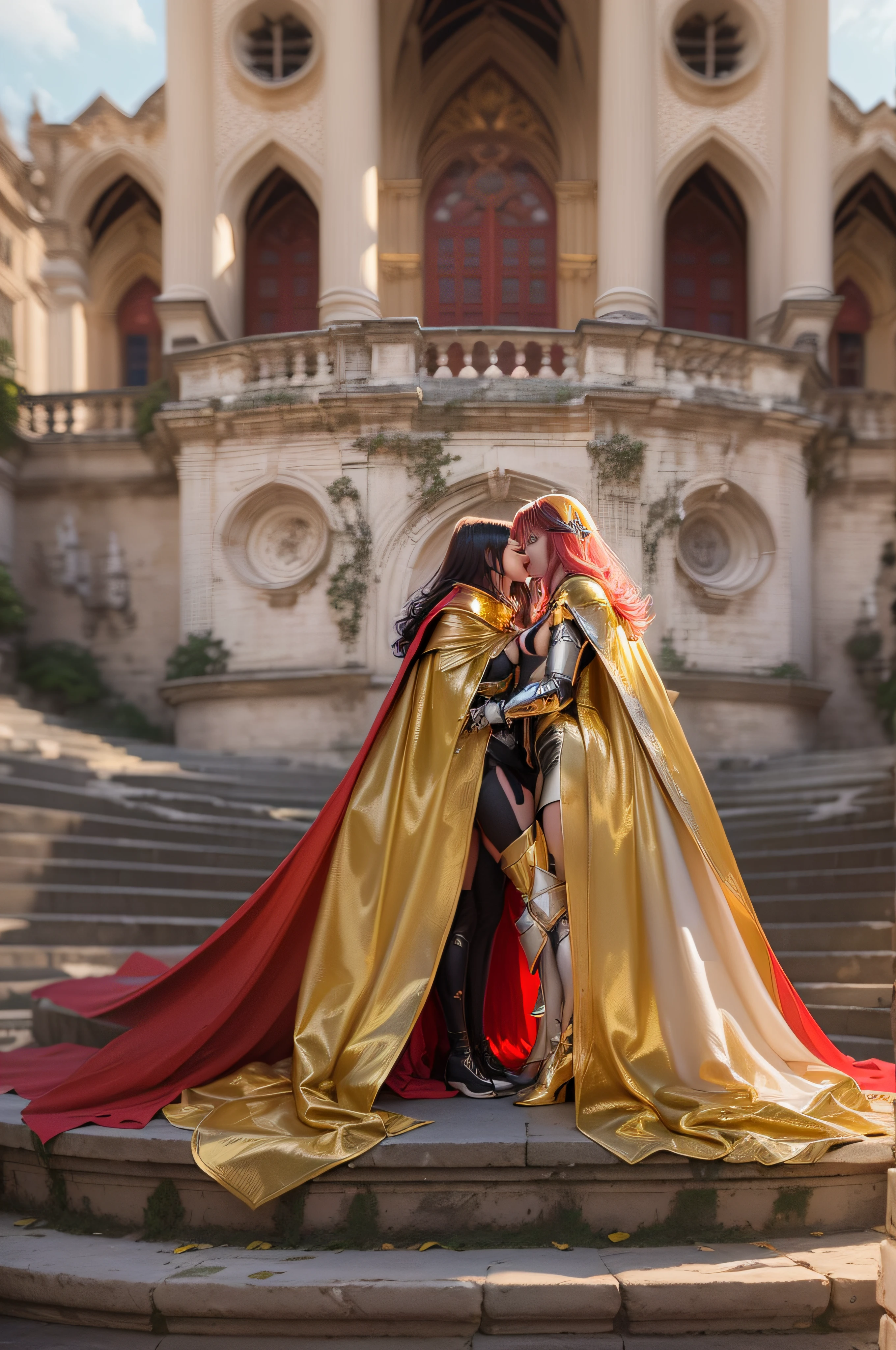 (((two girls))) ((Bella Thorne in gold and white armor and a gold and white cape)) sharing a tender and erotic (((NSFW))) moment kissing and hugging with ((Zendaya Colman in red and black armor with a red and black cape)) standing in front of a castle