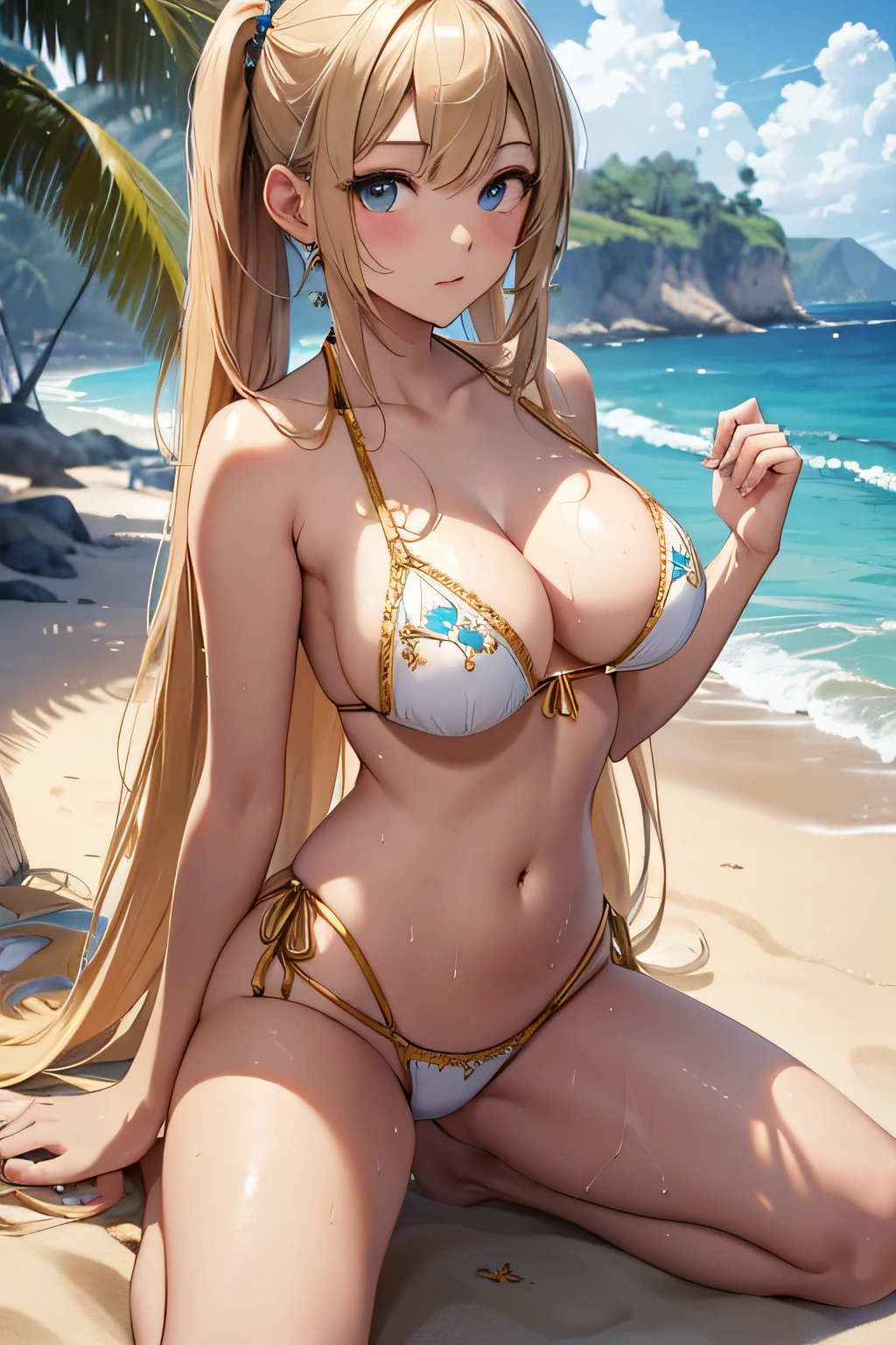 masterpiece、Background with((sea side、sand beach))、、a beauty girl、Golden hair、huge tit、Detailed embroidery on the bikini、 Get on your knees、Open your crotch、perspiring、Hair wetness、I'm putting my hair together、poneyTail