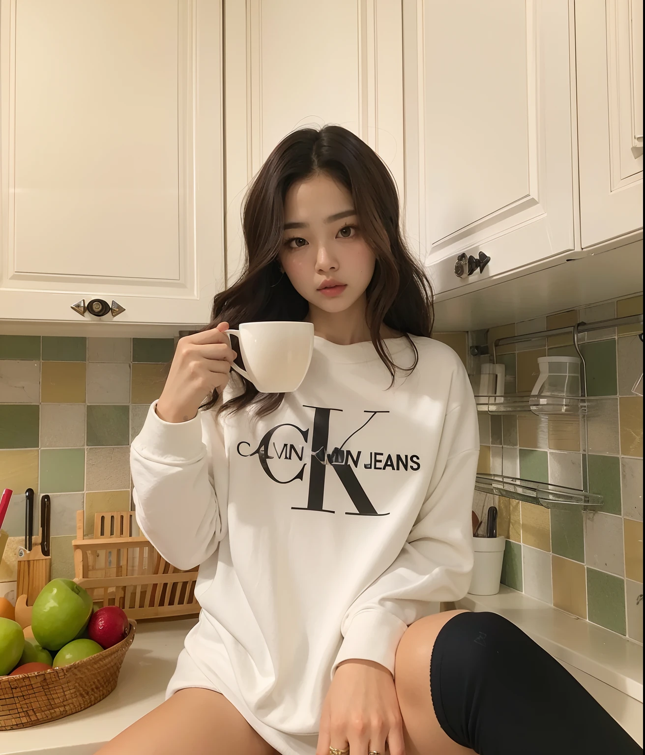 There's a woman sitting on a counter holding a glass, Ulzzang, jennie blackpink, y estilo 2k, estilo y2k,  coreana, 8 mil ), Jinyoung Canela, .cs, TaeJune Kim, Calvin Klein, linda senhora, linda mulher coreana jovem, 4k], 4 mil ], Heonhwa Choe, 8k))