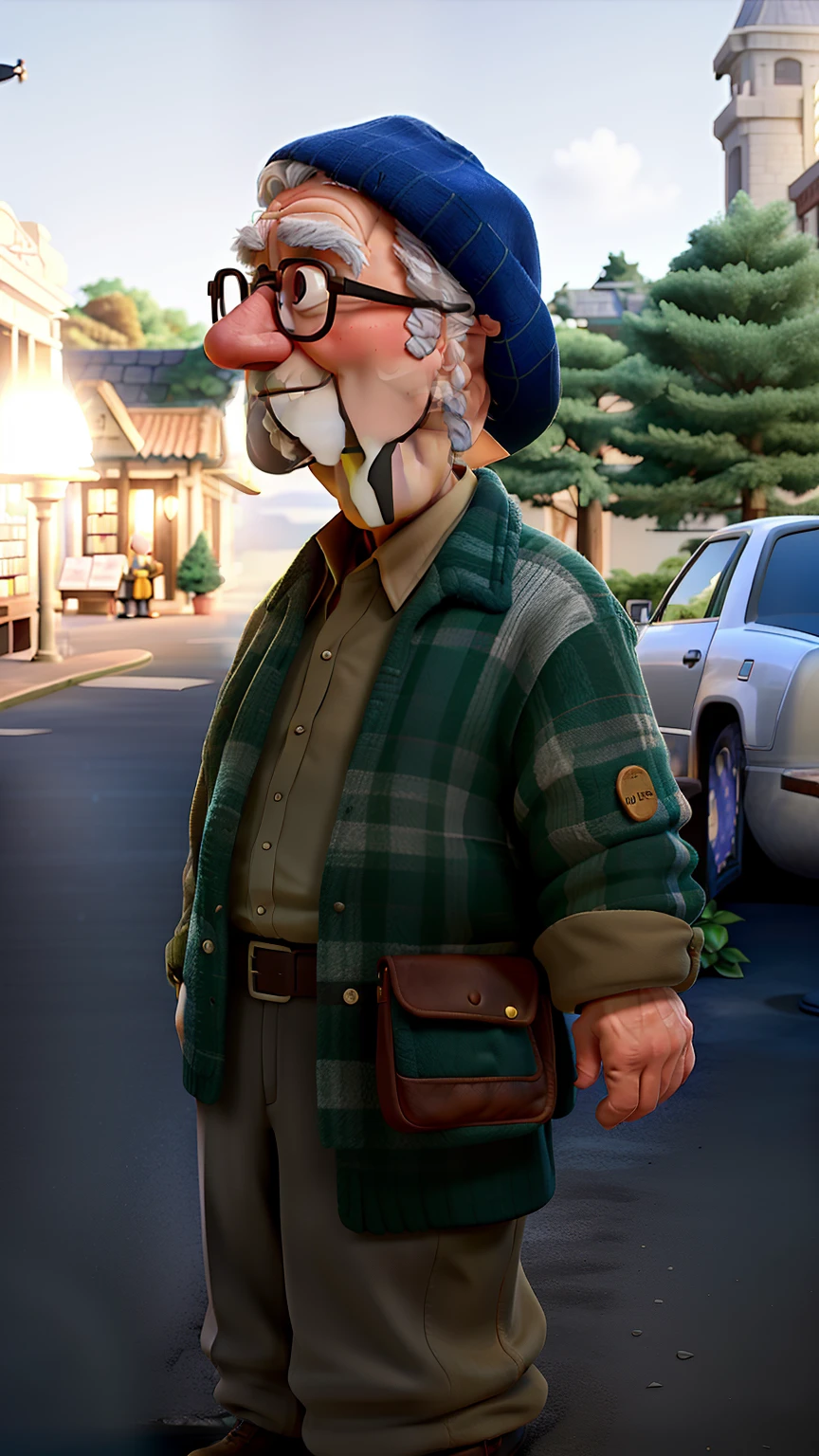A wise old man standing in front, illuminated by the light of a lamp, against the backdrop of a library