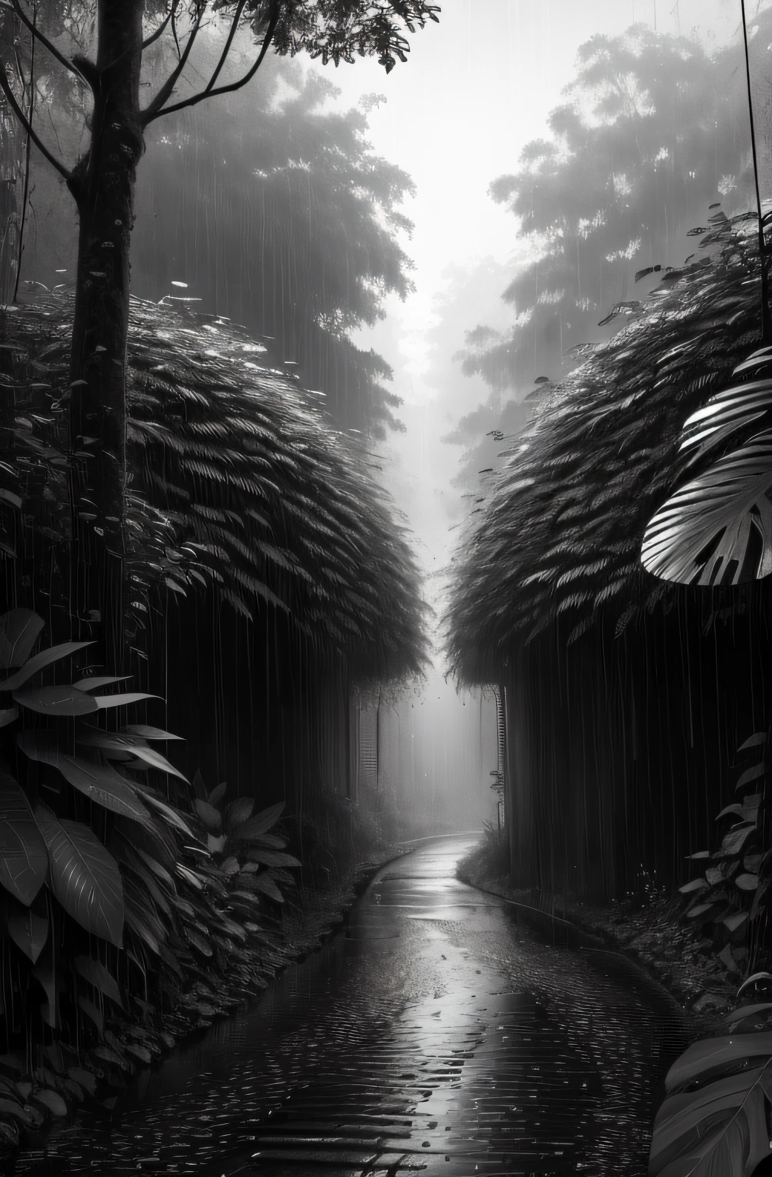 Jungle, with intense rains, monochrome, vines around, giant and wet trees, masterpiece, best quality, high quality, extremely detailed CG unity wallpaper 8k, oil painting, award-winning photography, bokeh, depth of field, HDR, flowering, chromatic aberration, photorealistic, very detailed, popular on artstation, popular in CGsociety, complex, high detail, dramatic, art in the middle of the road, volumetric lighting