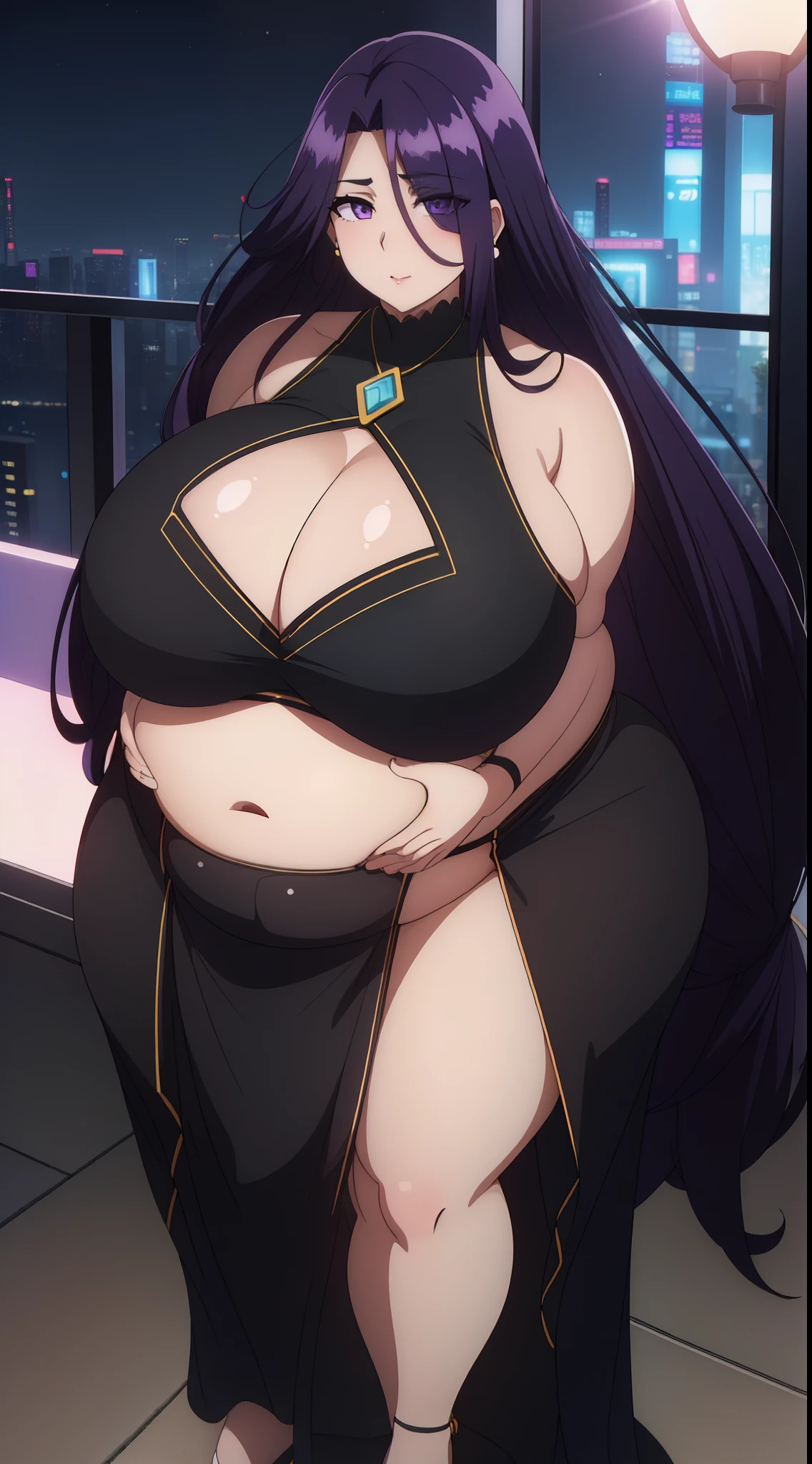 (Night:1.7), Japan, cyberpunk, CityView, Before Window,
Standing at attention,
bare_shoulders, black_dress,DEEP_cleavage, black_cleavage_cutout, depth_of_field, dress, earrings,jewelry,black_heart_cutout,
long purple hair,very_long_hair,hair_over_one_eye,
1 girl, 20yo,Young female,Beautiful Finger,Beautiful long legs,Beautiful Nose,Beautiful character design, perfect eyes, perfect face,expressive eyes,
looking at viewer, in the center of the image,(Upper_body),(close-Up),(Focus on her face),
official art,extremely detailed CG unity 8k wallpaper, perfect lighting,Colorful, Bright_Front_face_Lighting,shiny skin,
(masterpiece:1.0),(best_quality:1.0), ultra high res,4K,ultra-detailed, chubby, ((massive tits)),she has a jiggly fat round belly, ssbbw, ((natural big body)),(((natural the biggest ass))), (((massive fat thick natural belly))), (((oversized gigantic stomach)),
photography, 8K, HDR, highres, absurdres:1.2, Kodak portra 400, film grain, blurry background, bokeh:1.2, lens flare, (vibrant_color:1.2)
(Beautiful,large_Breasts:1.4), (beautiful_face:1.5),(narrow_waist), full body