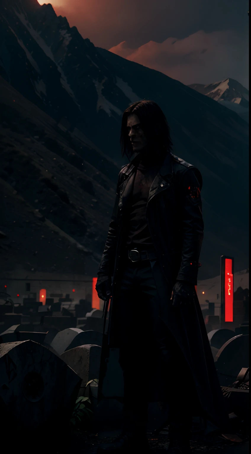 motivation, dark,evil, cyberpunk, male ,red, darker, dark background, evil character, horror style, fighting dark pit, dead monsters ,walley of dead sun , dark, mountains, graveyard