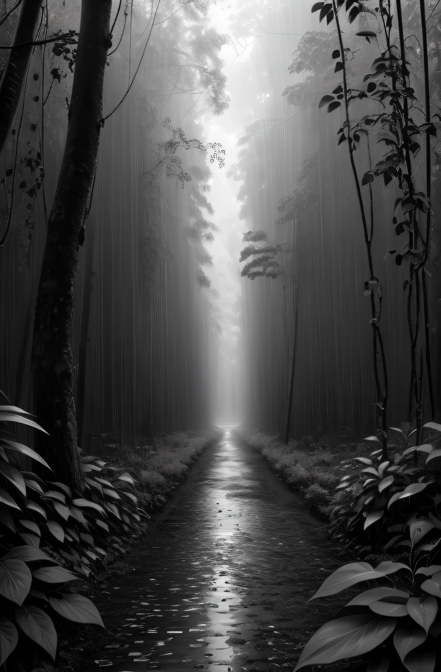 Jungle, with intense rains, monochrome, vines around, giant and wet trees, masterpiece, best quality, high quality, extremely detailed CG unity wallpaper 8k, oil painting, award-winning photography, bokeh, depth of field, HDR, flowering, chromatic aberration, photorealistic, very detailed, popular on artstation, popular in CGsociety, complex, high detail, dramatic, art in the middle of the road, volumetric lighting