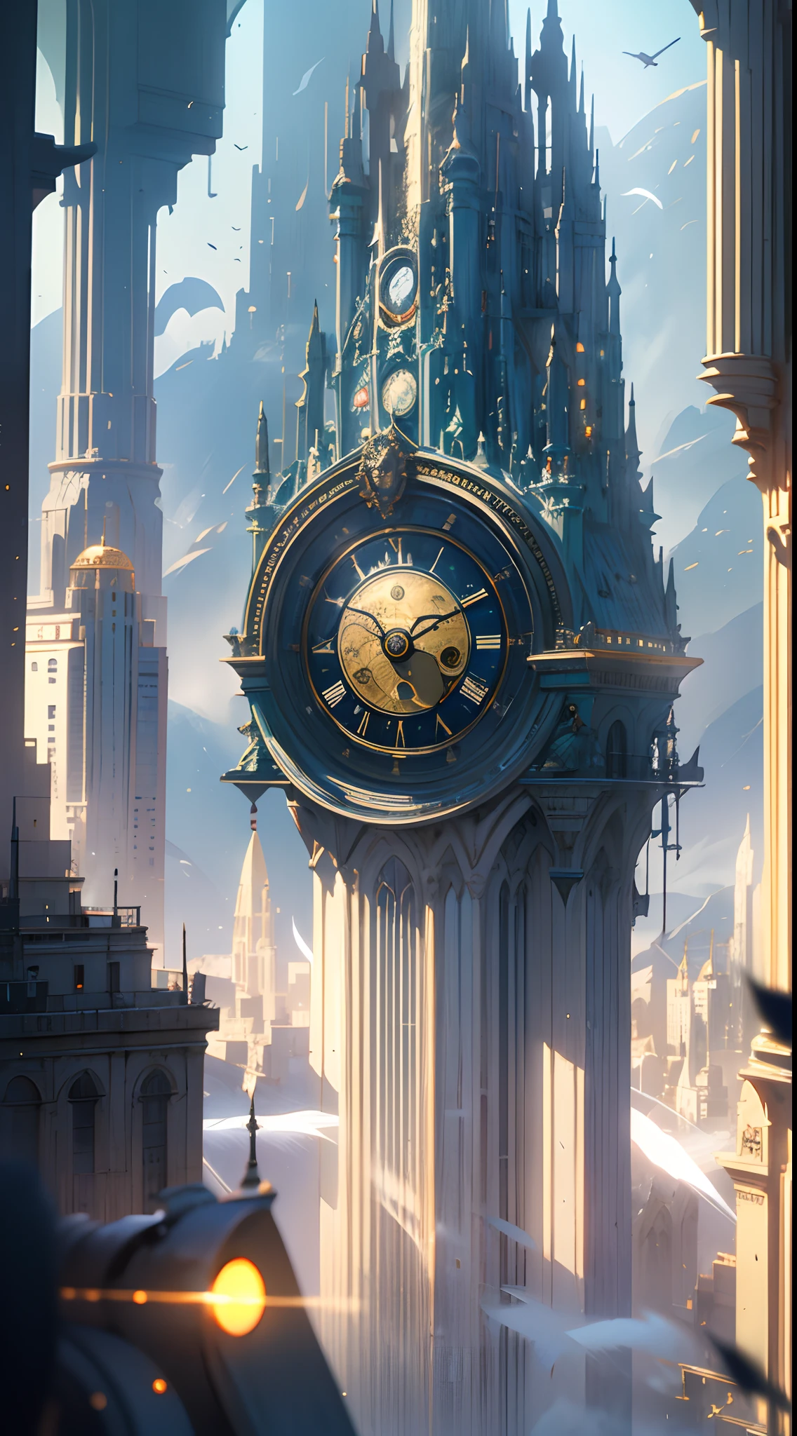 Nick Vesey（Nick Wiz）style of，（（A huge clock with an angel base）），cleanness，Glow effects，Sci-fi sense，Panorama like，extreme hight detail，Real light，super-fine，Hyper-realistic，Ultra photo realsisim，tmasterpiece，8K，on focus，Bokeh，Detailed pubic hair，Hyper-detailing，high qulity，High definition，dynamic viewing angle