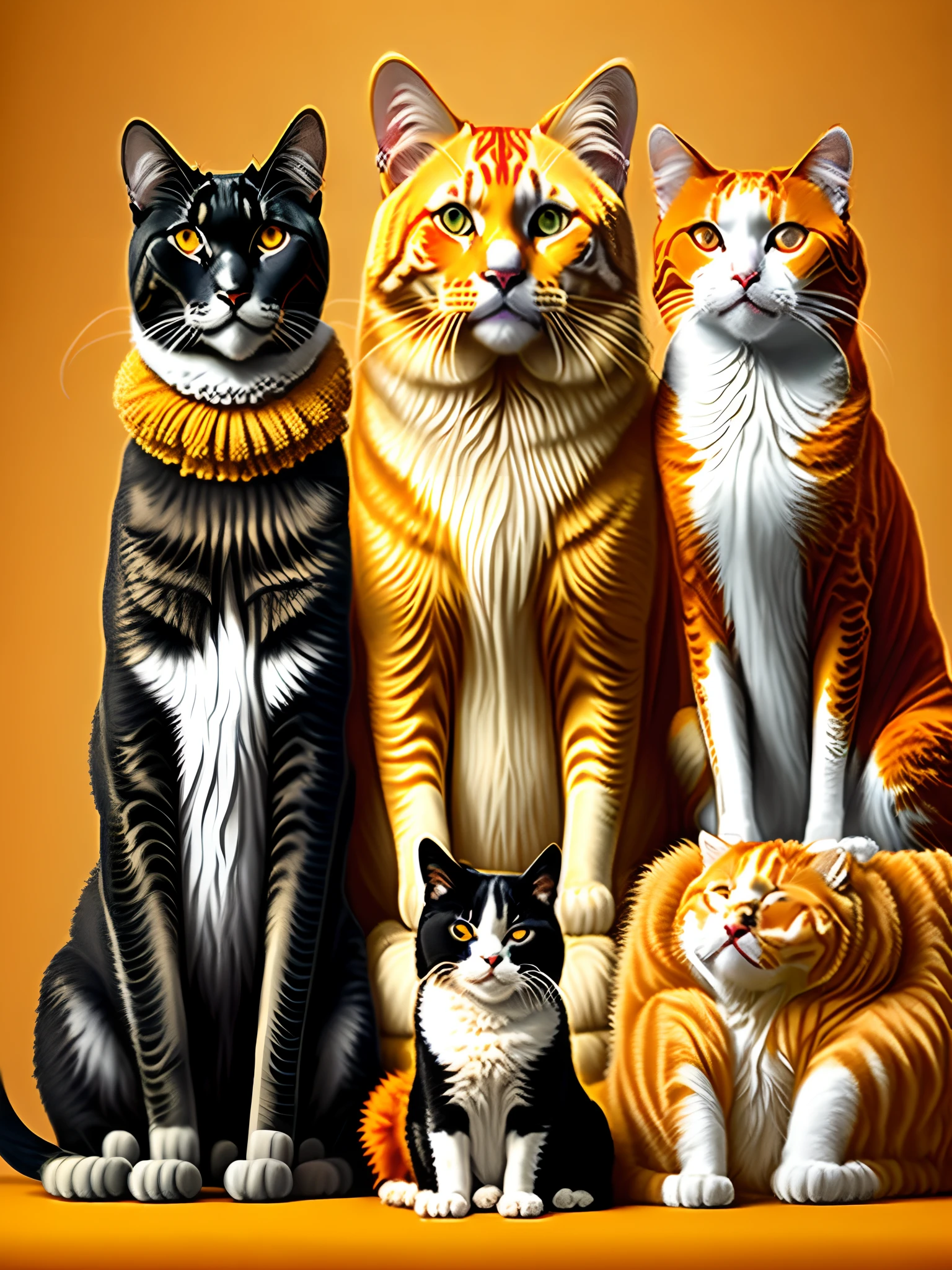 big golden retriever sitting with a tuxedo cat and an orange tabby cat