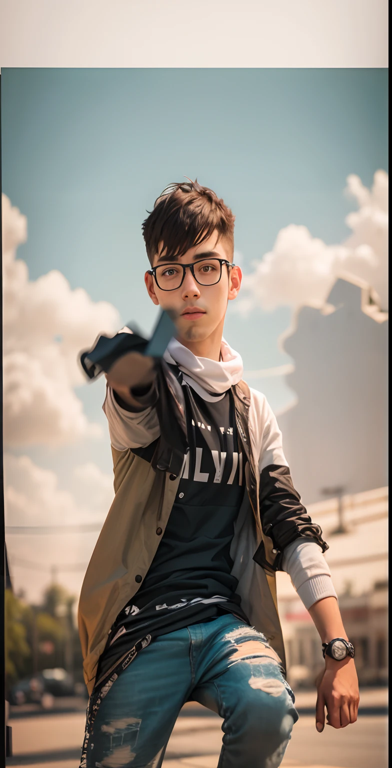 20-year-old man sitting in a square staring away at the camera, fotografia-realista 8k.