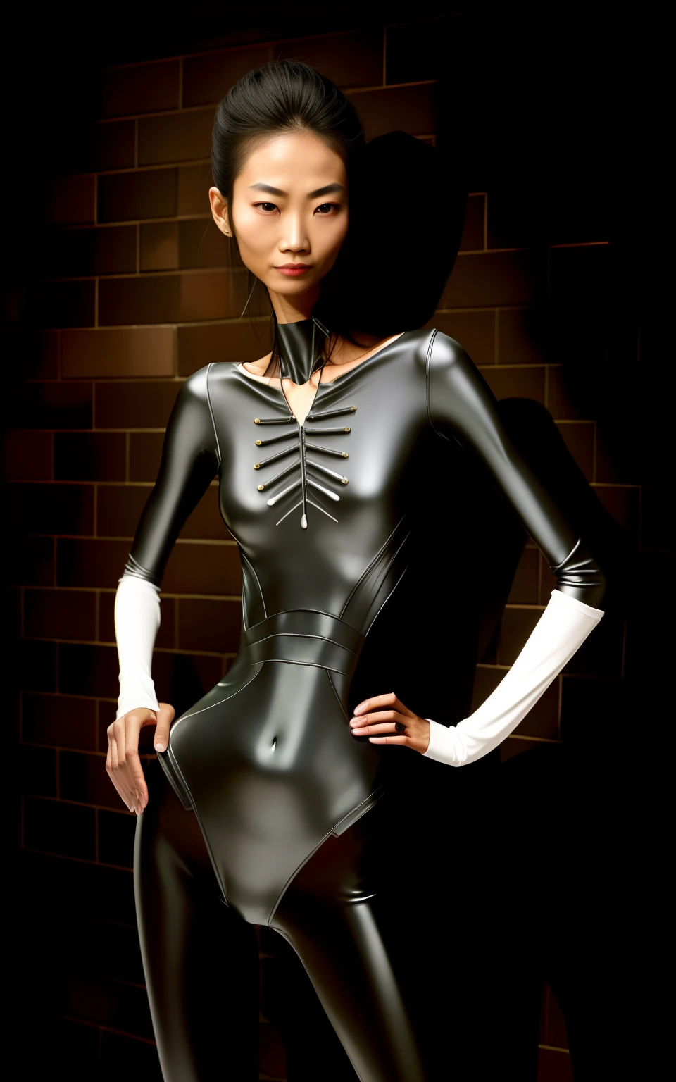 Extremely thin woman, A thin body,The sternum is obvious,Slim waist,The ribs are noticeable,The pelvis is visibly protruding,White skin of the,Thin shoulders,Very slim waist,Extremely skinny,Sunken abdomen,Skin and bones,short detailed hair,Haggard face,Wear a tight-fitting one-piece latex suit,Asian face