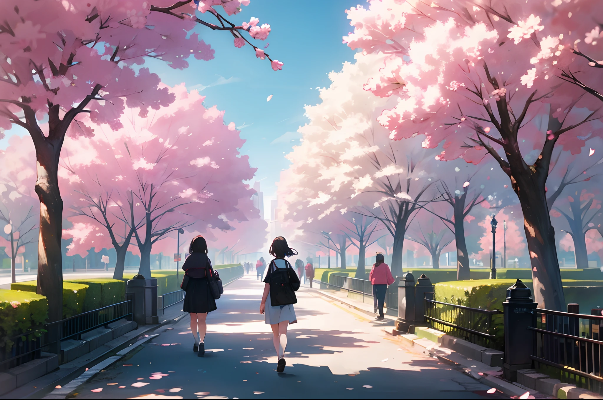 Cherry blossom in a street of New York, near to a park, people walking wearingoffice clothing, kids playing, sunny Spring morning, highly detailed, wide angle, gfeat angular.