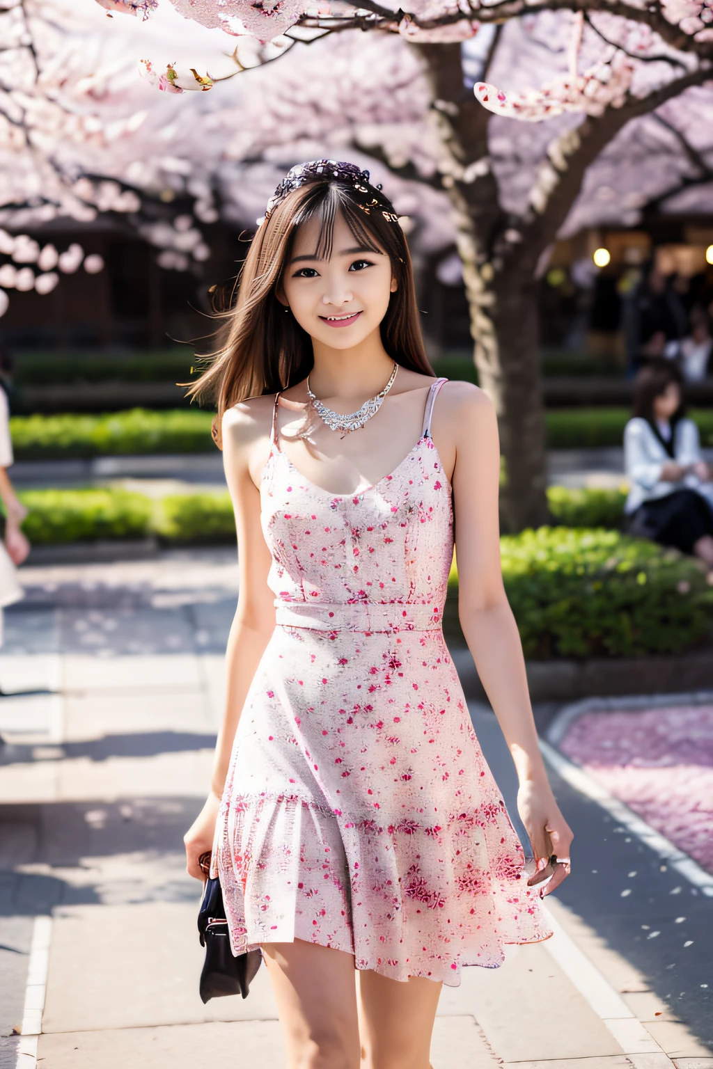 Young woman standing in a busy street。The woman is wearing a pink floral sleeveless dress.、I have long black hair。She is smiling and looking at the camera。The fantastic night cityscape of Tokyo spreads out in the background.。The light is shining on her。