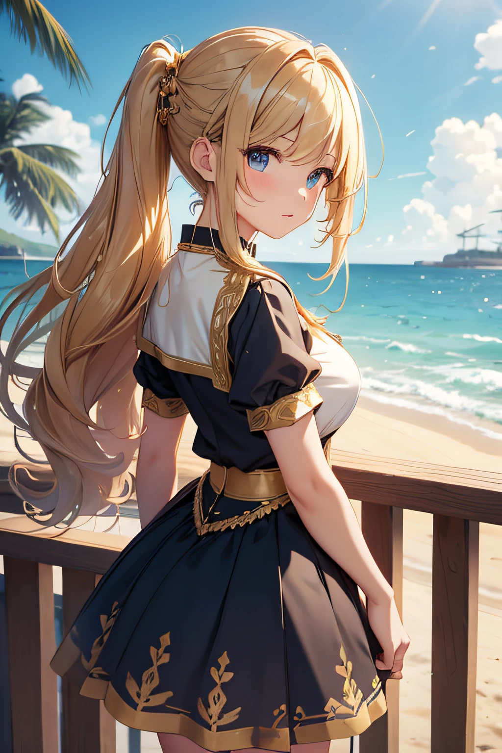 masterpiece、Background with((sea side、sand beach))、15yo student、a beauty girl、Golden hair、huge tit、Embroidery with attention to detail in the dress、skirt by the、perspiring、Hair wetness、Bunching hair、poneyTail