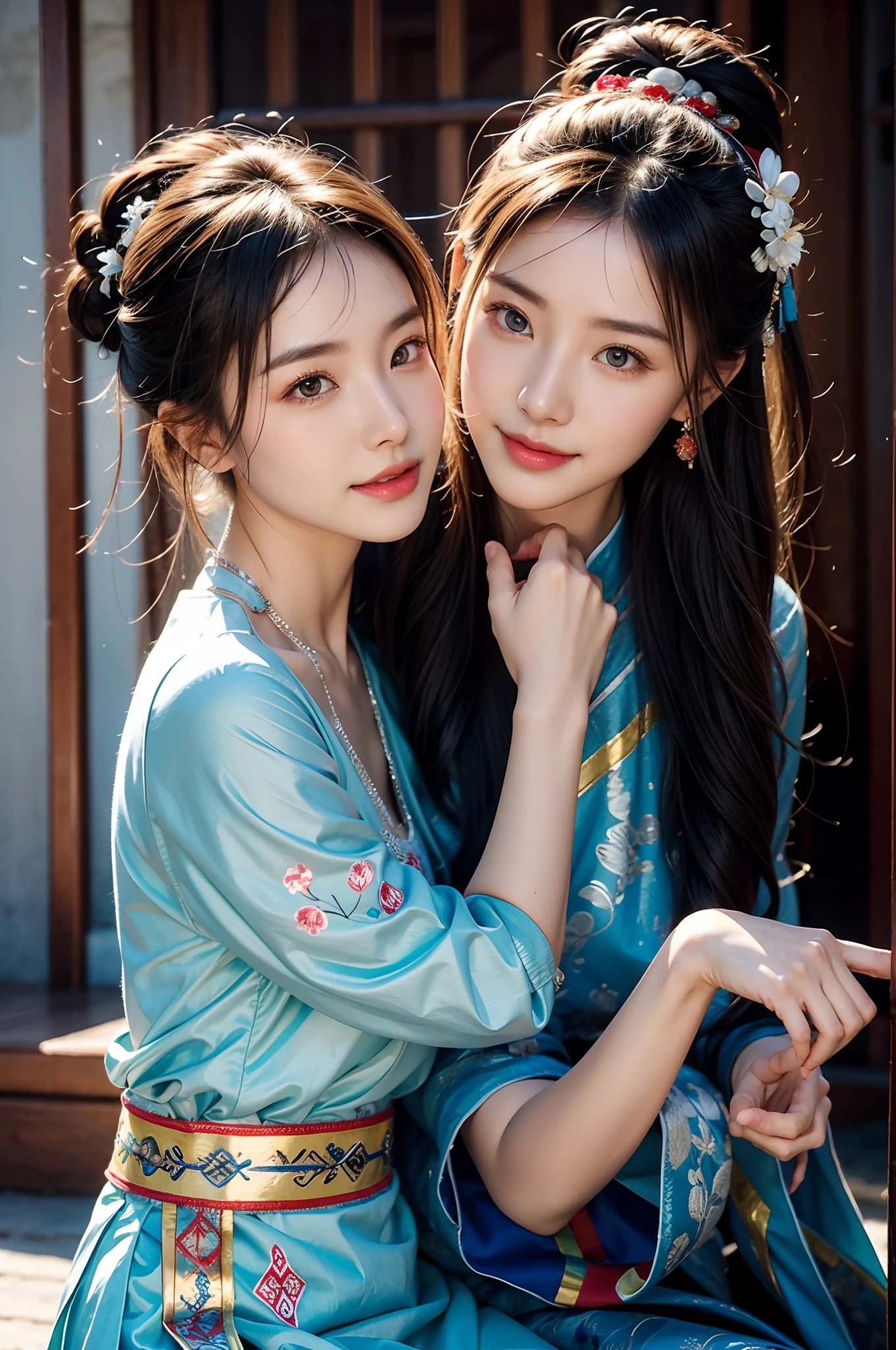 （8K分辨率，Vista half body photo），（closeup portrait of two women,sitting together,Detailed Face, front view, Look at the camera,duo,stroking,leering:1.4,20yr old,delicate face，详细的脸，Redlip，Fair smooth skin，（Classic Hmong costume：1.4，（Satin fabric with flowers，The cuffs are multi-colored horizontal strips，Cardigans，Short waist long version），Silver products，Silver necklace，silver hair clip，hair-bun），（pleatedskirt，（Hmong embroidery、batik）），耳Nipple Ring，bangle，Tall and tall，Posture of conversation，perfect hand，Ultra-fine clothing material），（Traditional Xijiang Miao village，Festive party night background in cottage，Exquisite environmental details），（exhilarated，confident smile，Rejoice），（profesional lighting，动态照明），（（The colors are more balanced，（black in color，blue colors，red colour））），（Golden section，Cinema lenses，Hasselblad photograp，tmasterpiece：1.3），（Miaozhai idol，Focus on the field，trendsetting，Folklore artist，Art platform）