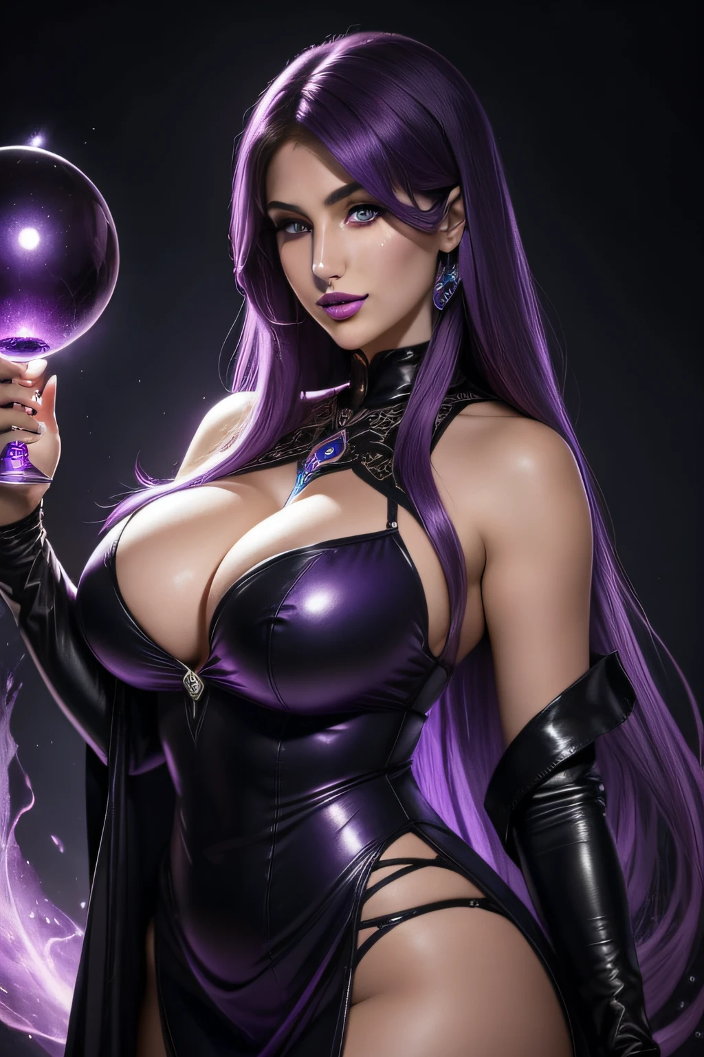 sexy enchanting sorceress in black dress posing for a picture, Lucy Pinder, flowing purple hair, lush purple lips, subtle smile, mesmerizing blue eyes, highly detailed eyes, curvy, looking at viewer, purple haired sorceress, young, beautiful, powerful, magical woman, dark fantasy, sexy girl, super villain, real, high detail, best quality