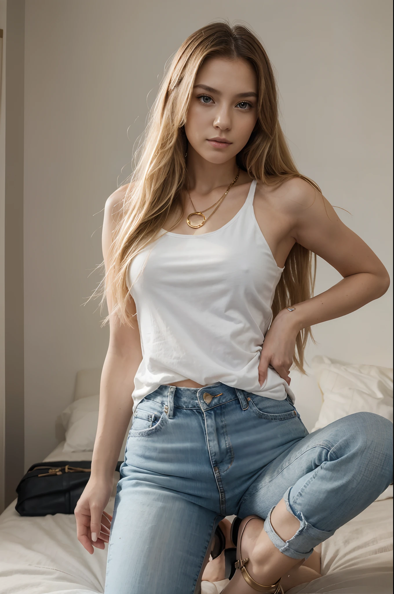 top Quority， tmasterpiece， 超高分辨率， （realisticlying： 1.4）， RAW photogr， solo girl， Long blonde hair，Long legs，170 cm， Professional soft lighting， Full body photo，，Emphasize the details of the face，Translucent white shirt，Extra-short jeans，Black riding boots, Eyes look at the lens，Lean forward half，There is a gold necklace around the neck，Wear a watch on your left hand，Hands in jeans pockets,One shoulder is exposed，Bedroom scene