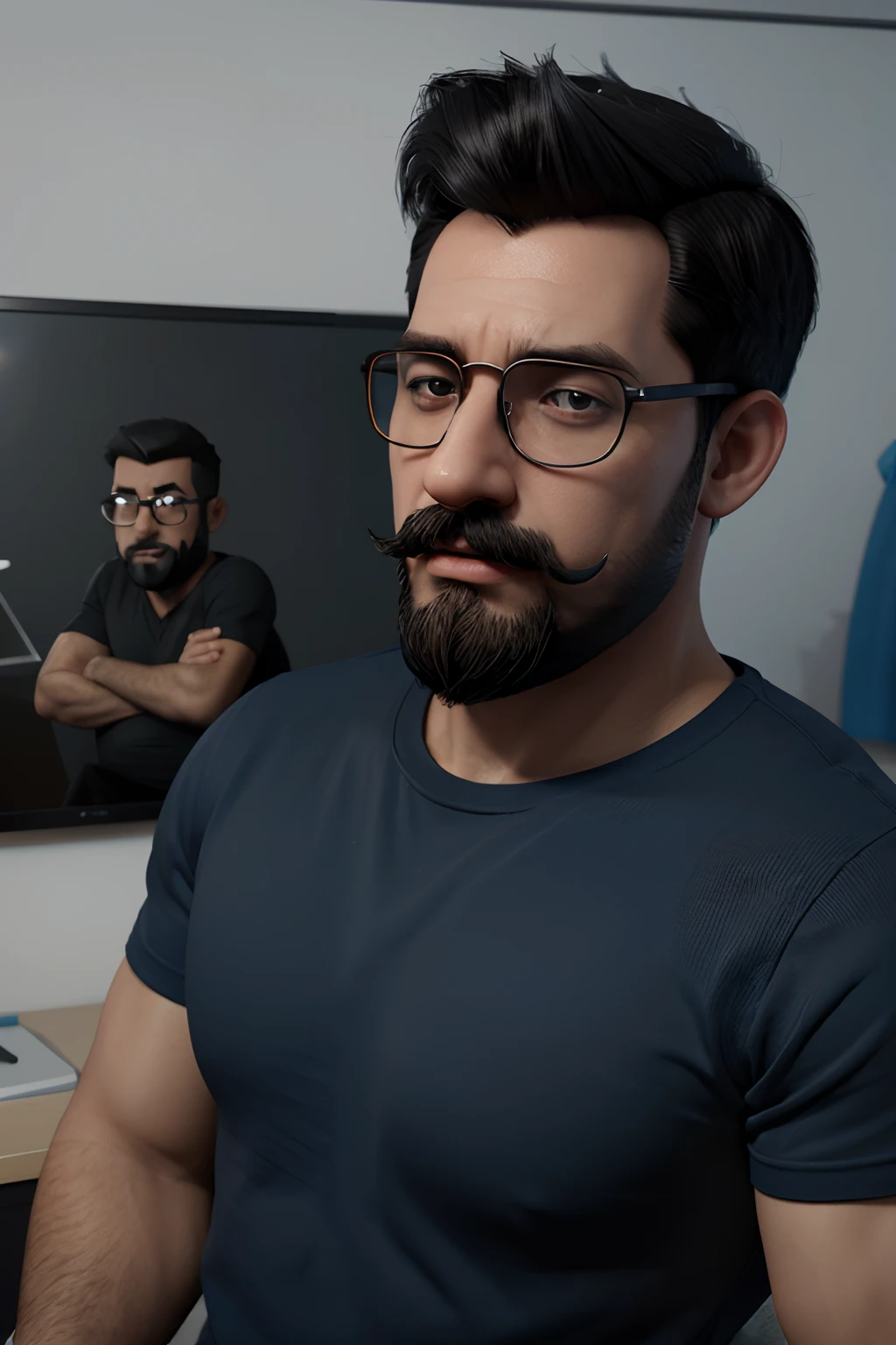 Cartoon character of a man with black glasses and a blue shirt, bigode baixo e barba curta, animation character, Caractere estilizado, animation style rendering, 3D estilizado, Arnold Maya render, 3 d render stylized, toon render keyshot, Personagem 3D, Pe...