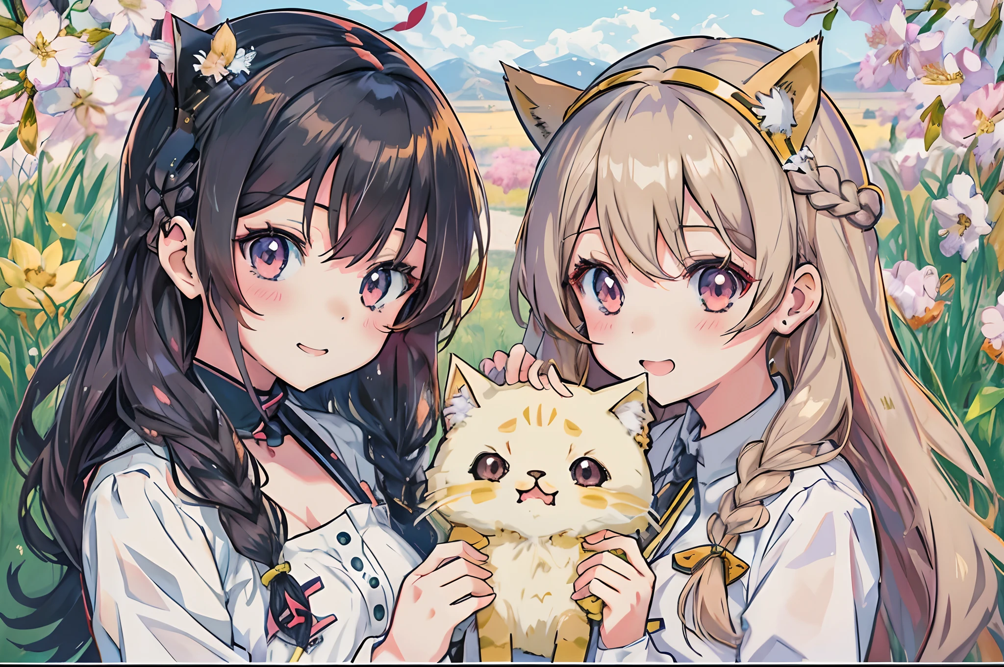 two anime girls with long hair holding a cat in a field, kawaii, ig studios anime style, cute anime style, cute art style, shirabii, girls frontline style, hololive, anime art style, artwork in the style of guweiz, guweiz, anime cat, girls frontline universe, anime moe artstyle, flat anime style