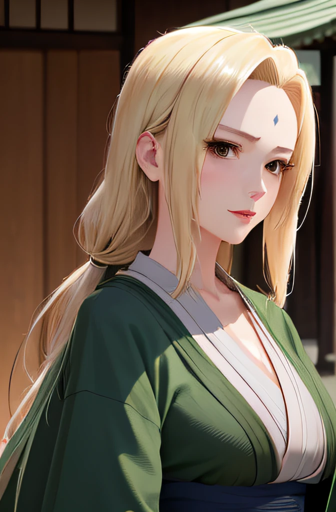 highres, sharp focus, pixiv masterpiece, ((intricate details)), highly detailed, upper body, 1girl, mature, blonde hair, forehead mark,white kimono, green jacket, sash, tsunade_senju,