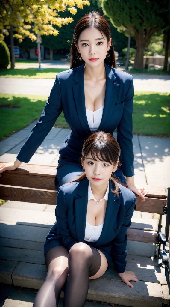 (RAW photography:1.2)、top-quality、a beautiful detailed girl、office worker、The blonde、double tails、extremely detailed eye and face、beatiful detailed eyes、hugefilesize、A high resolution、A high resolution、8k wallpaper、finedetail、Highly detailed ticker uniform 8K wallpaper、Light on the face、电影灯光、20-year-old girl、sexyposture、(Foto realism:1.4)、illustratio、surrealism、 super detailing、tmasterpiece、wear suit、fishnets pantyhose、女優、luxurious suit、s Office、formal suits、formal look、Colossal tits、爆乳、Colossal tits、takeout、A park、On a bench in the park、pose like model、 pose、deadpan、Blue suit、Pink suit、Green suit、spread their legs、showing panties、legs are open