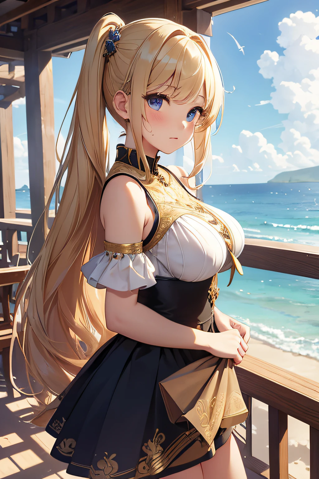 masterpiece、Background with((sea side、sand beach))、15yo student、a beauty girl、Golden hair、huge tit、Embroidery with attention to detail in the dress、skirt by the、perspiring、Hair wetness、Bunching hair、poneyTail