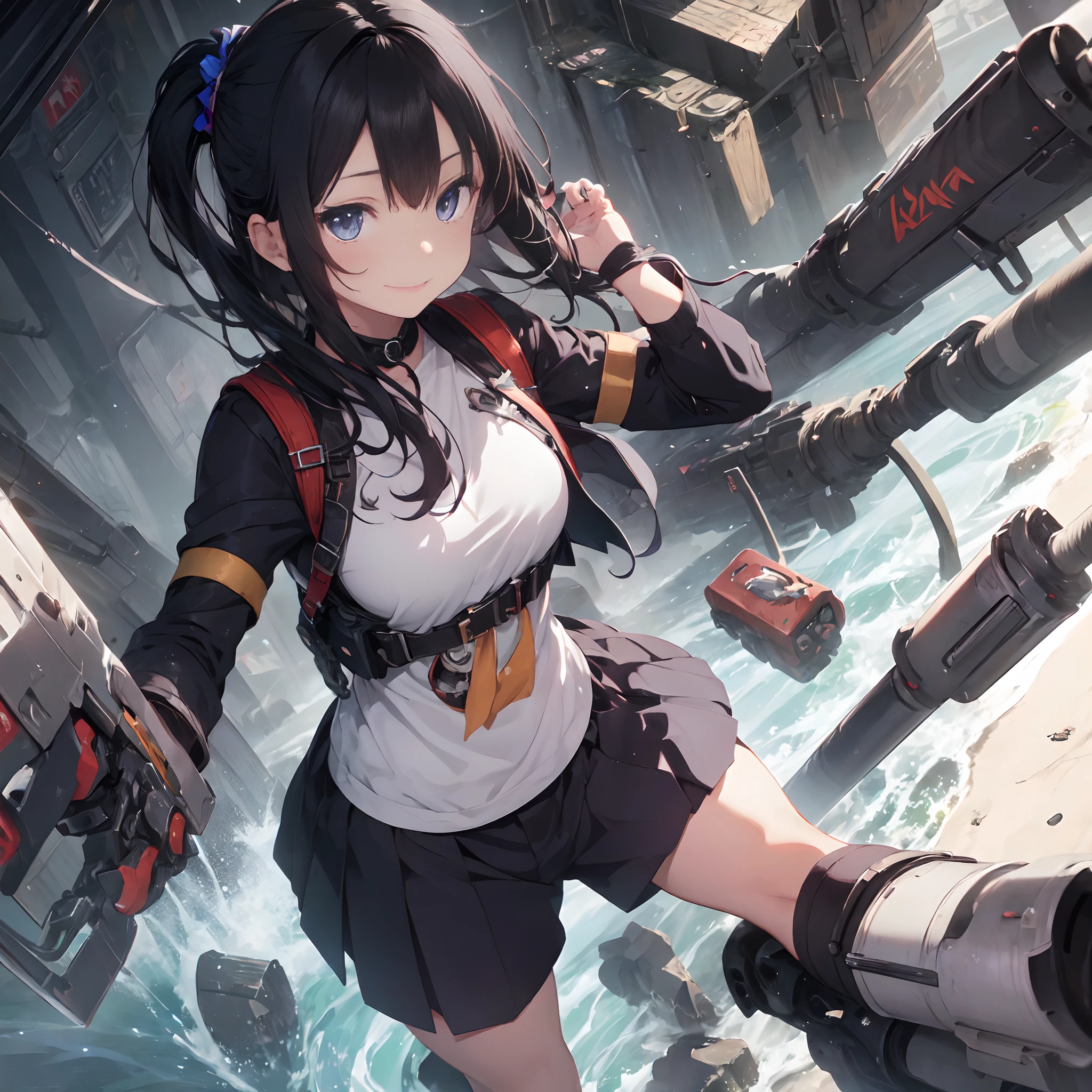 {(top-quality)} {(animesque)} (About (Beautiful little)teens (Silky black hair) (Purple blue eyes) tears A slight smil Fusion with machines Armed with a large number of firearms Beastly mechanical limbs