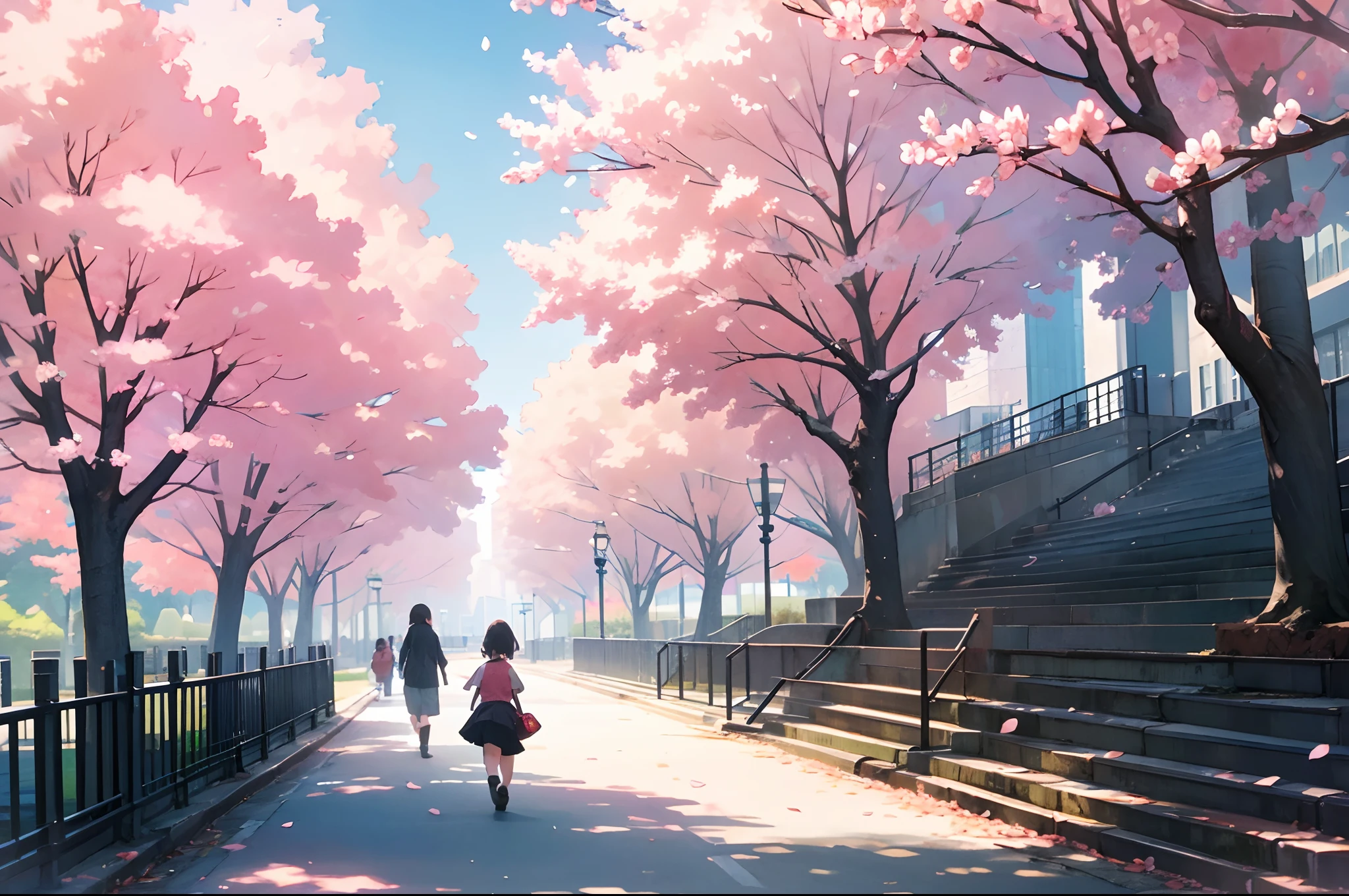 Cherry blossom in a street of New York, near to a park, people walking wearingoffice clothing, kids playing,  sunny Spring morning, highly detailed, wide angle, gfeat angular.