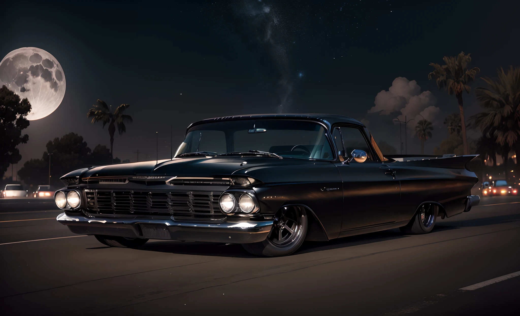 an imposing black 1959 Chevy El Camino on an East Los Angeles street at night full of stars and ym comet crossing the sky and with the full moon illuminated and reflecting objects. Grafitti nos muros e carros. 1990, estilo gangster