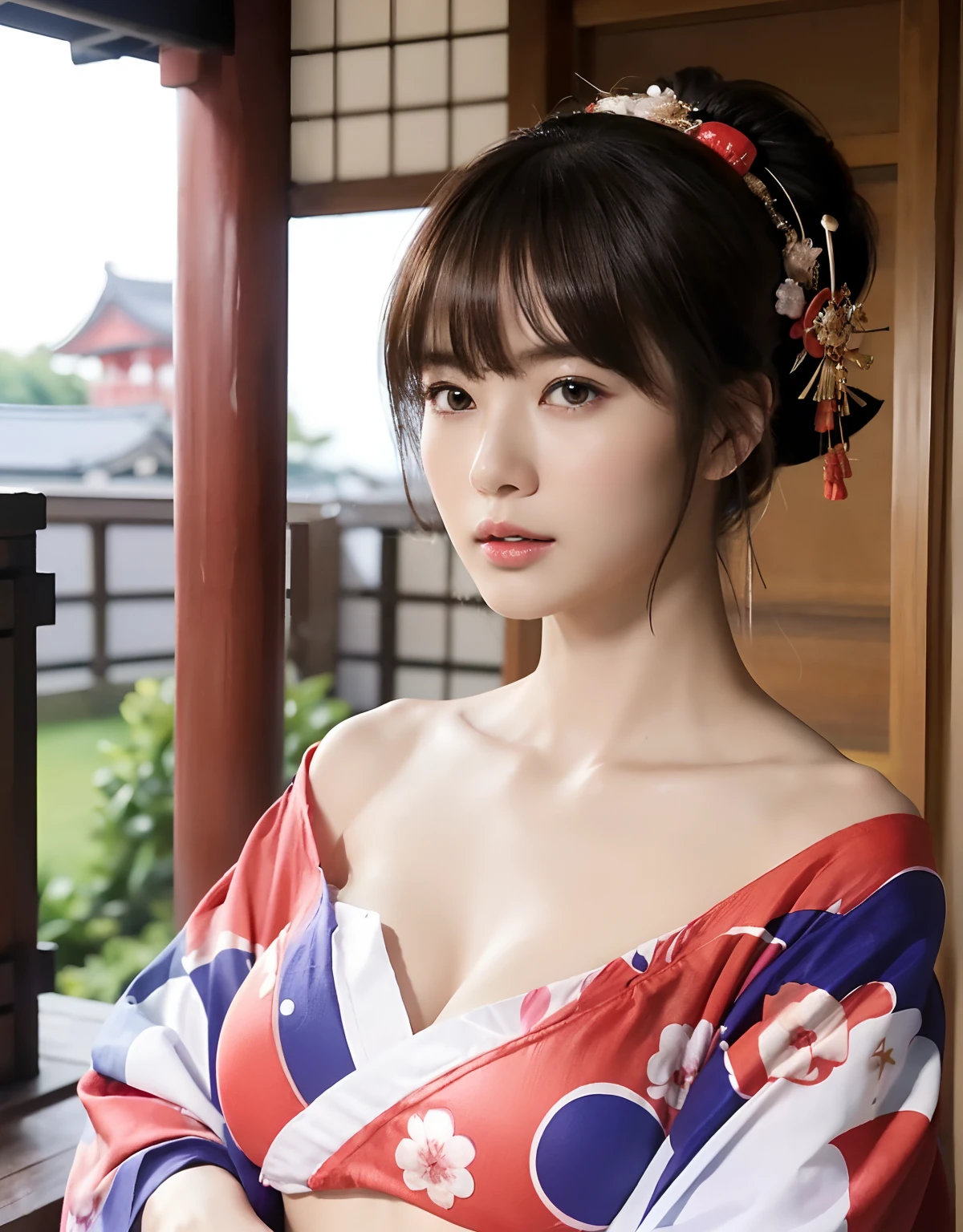 ((oiran woman)),(top-quality、8K、32K、​masterpiece、超A high resolution、nffsw:1.3)、(Japan idol:1.3)、1girl in、(Colossal tits)、((extremely heavy breasts)),(short-hair)、abdominals、the perfect body、(((Armpit))),((oiran woman)), Delicate facial features, Ultra-realistic, Hyper-realistic, 鎖骨、Shadow、octan render、((maikurobikini)),((Wear a beautiful kimono with a high degree of exposure)),hyperdetailed face、Detailed lips、finely eye、二重まぶた、(魅惑的)、((agitation:1.5))、maikurobikini、((Navel))、Armpit、((Female ninja)),Kunoichi Ninja、Throw shurikens、Japan holding a sword、Mystical expression、shrine background、Old Town of Japan、((heavy breasts)),Toostock、mecosuji、Kimono with colorful floral pattern、highcontrast、(((Brightly colored kimono))),heavy breasts、((Glamorous Jar)).((Take a variety of sexy poses)),flicker、Kimono comes off、