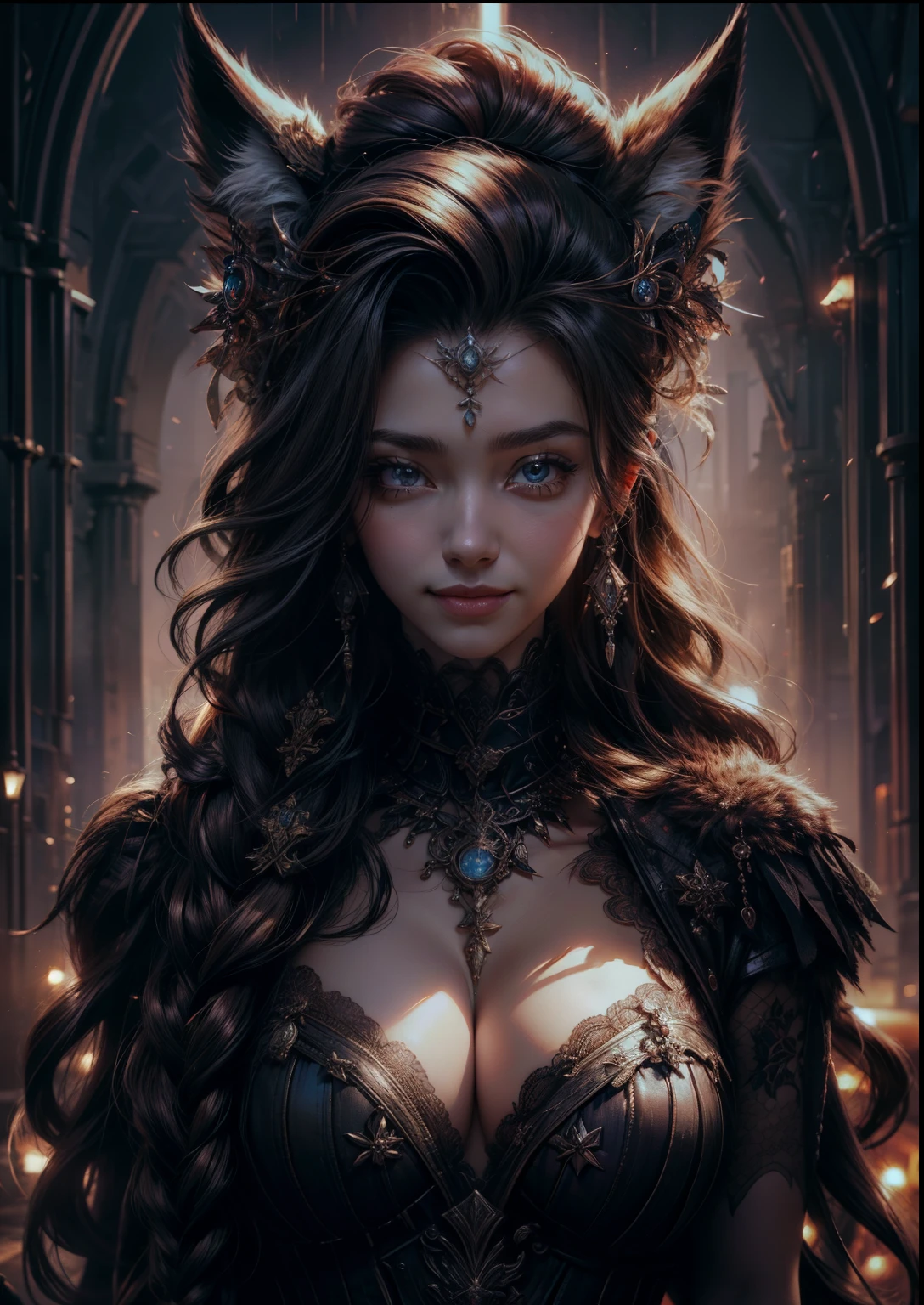 (masterpiece, best quality, high resolution, unity 8k wallpaper, extremely detailed CG:1), (illustration:1.0), 1girl, upper body, portrait, solo, foxyms, headband, gloves, pauldrons, shirt, smile on face