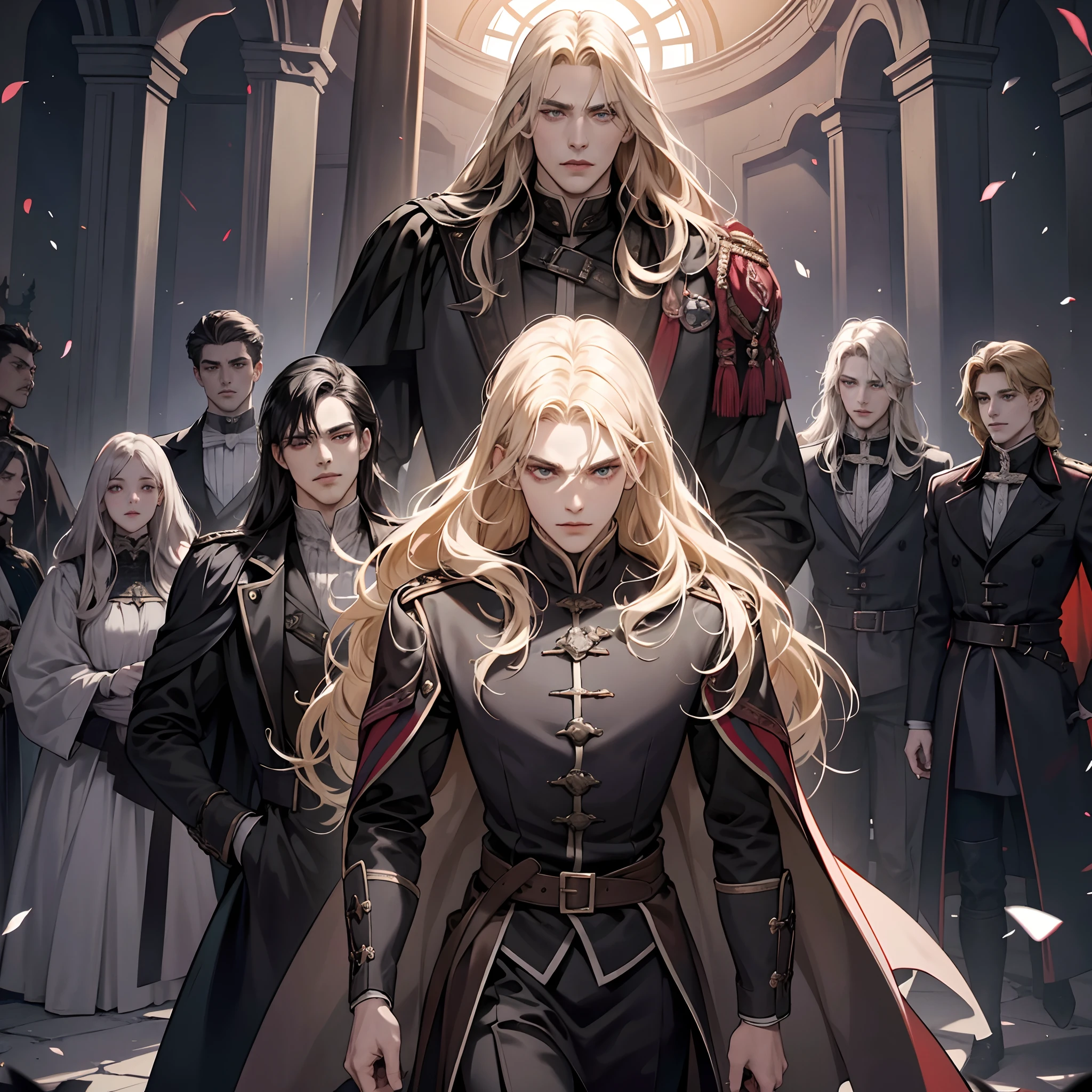 Castlevania Seigneur des ombres seigneur dracula dans la salle du trône avec ses grands soldats légendaires regardant dans Carte de conquête hyper réaliste super détaillé Plan dynamique pièce maîtresse scène cinématique du film