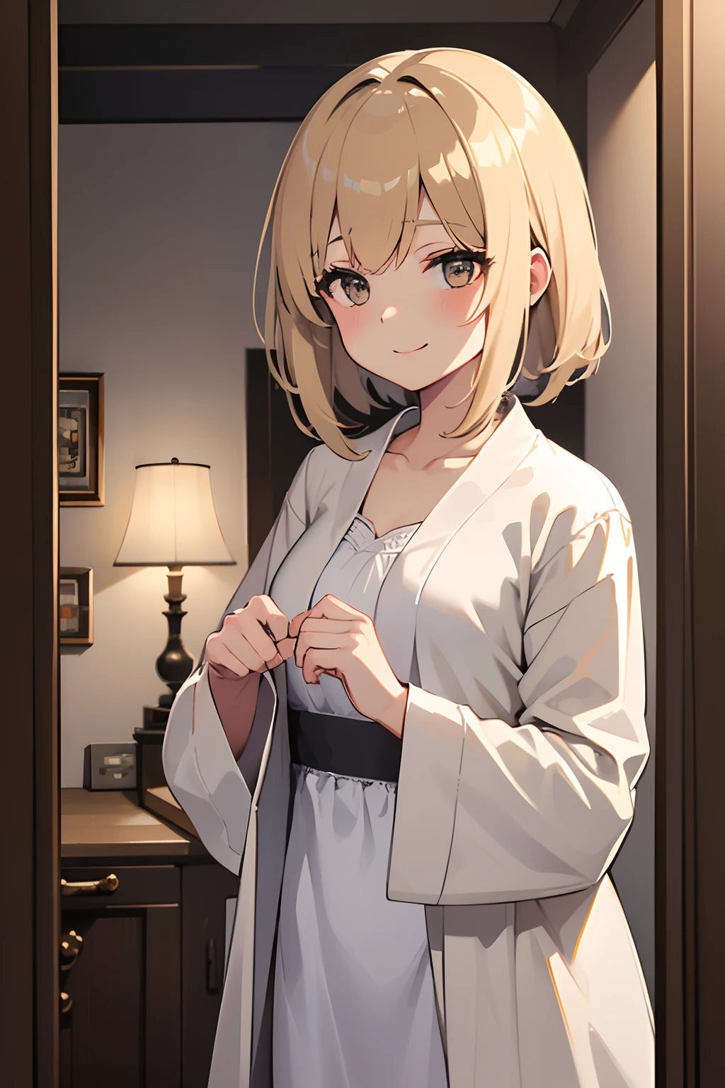 1girl, mp40 girls' frontline, short blonde hair, parted bangs. light brown eyes, grey open dressing gown, white nightshirt under gown, dark bedroom, night time, nightlight in background, leaning on doorframe, wedding ring on finger, wife, warm smile, cozy atmosphere, warm atmosphere, 8k, masterpiece
