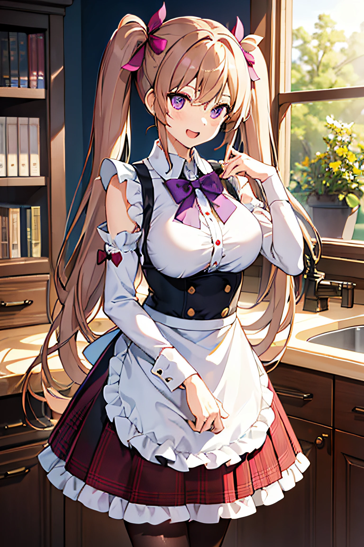 1girl, purple eyes, pantyhose, blush, long hair, twintails, plaid skirt, bow, solo focus, brown hair, bangs, hair between eyes, blue bow, open mouth,  smile, indoors,  fang, kitchen hood,very long hair, plaid bow, breasts, sleeves past wrists, blonde hair, housewife, apron, waist apron, fangs, maid, fully naked, exposed body, nsfw, nude, extremely nude, completely naked body, hair adornments, anime girl, anime, hentai, Very long hair, Professional artwork, Intricate details, Field of View, Sharp focus, Detailed painting, realistic illumination, trending on pixiv, Standingatattention, ((Female Student)), ((Large breasts:1,3)), Beautiful body,Beautiful nose,Beautiful character design, Perfect eyes, Perfect face, view the viewer, sfv,offcial art,Extremely detailed CG unified 8K wallpapers, Perfect lighting,Colorful, Bright_Front_face_lighting, (Masterpiece:1.0),(Best_quality:1.0), 超A high resolution,4K,Ultra-detailed, Photography, 8K, hdr, A high resolution, absurderes:1.2, Kodak Portra 400, filmgrain, The background is blurred out, Bokeh:1.2, Lens flare, (vibrant_Color:1.2), Shikoku_Ji Ji, (Seductive look), ((view the viewer, Predecessor pose))