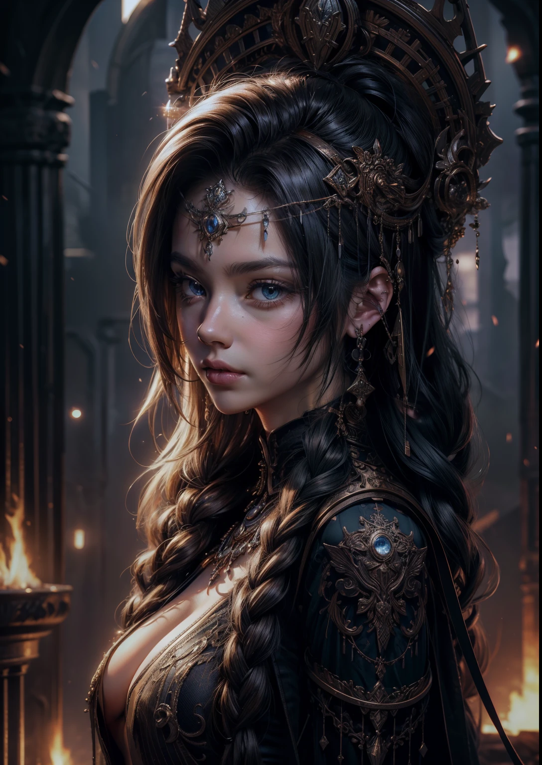 (masterpiece, best quality, high resolution, unity 8k wallpaper, extremely detailed CG:1), (illustration:1.0),  1girl, upper body, portrait,  solo, foxyms, headband, gloves, pauldrons, shirt,
