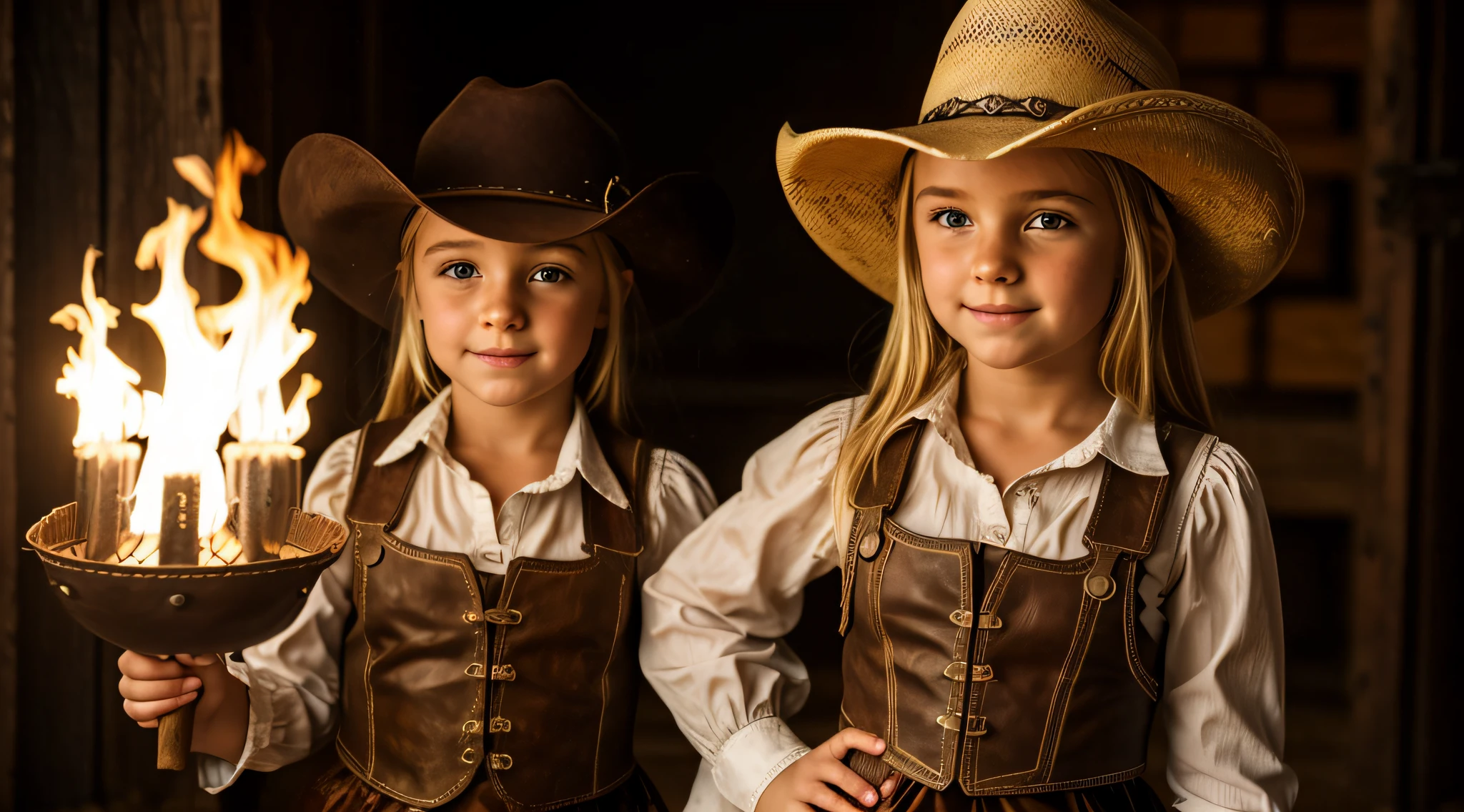 BLOND child girl in a cowboy hat holding fire light and FIRE , FLAMME, BURN , segurando uma lanterna, Vaqueira, sob lanterna, Cowgirl ocidental, vestido como um xerife ocidental, vaca-meninam menina em roteampunk, Female cowgirl, Menina, Directed bda Sutton, barnet, Uplighting, foto da menina, wearing a cowboynext gen, retrato menina robusta