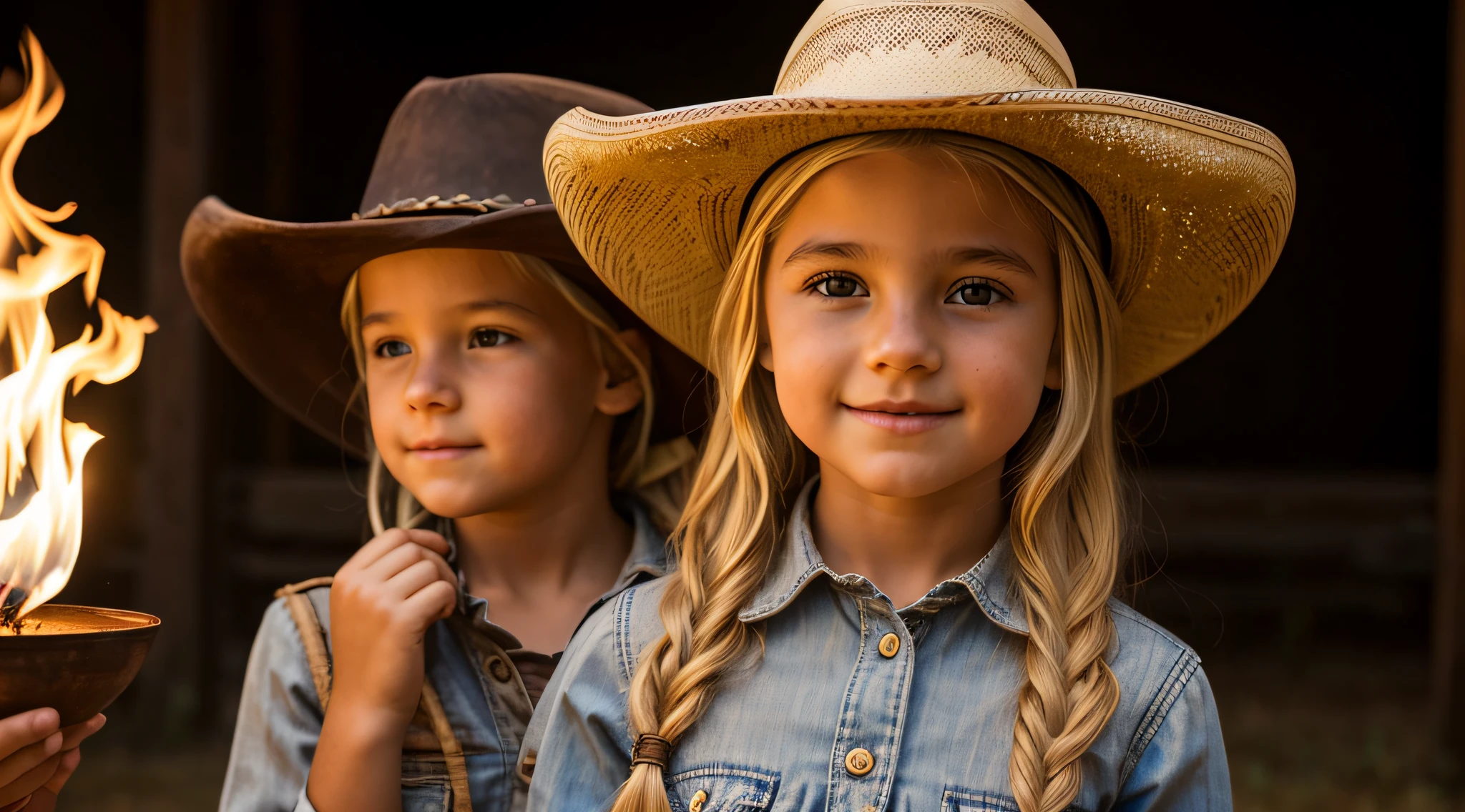 BLOND  girl in a cowboy hat holding fire light and FIRE , FLAMME, BURN , segurando uma lanterna, Vaqueira, menina sob lanterna, Cowgirl ocidental, vestido como um xerife ocidental, vaca-menina, jovem menina em roupas steampunk, Female cowgirl, Menina, Directed by: Linda Sutton, barnet, Uplighting, foto da menina, wearing a cowboy hat, next gen, retrato menina robusta