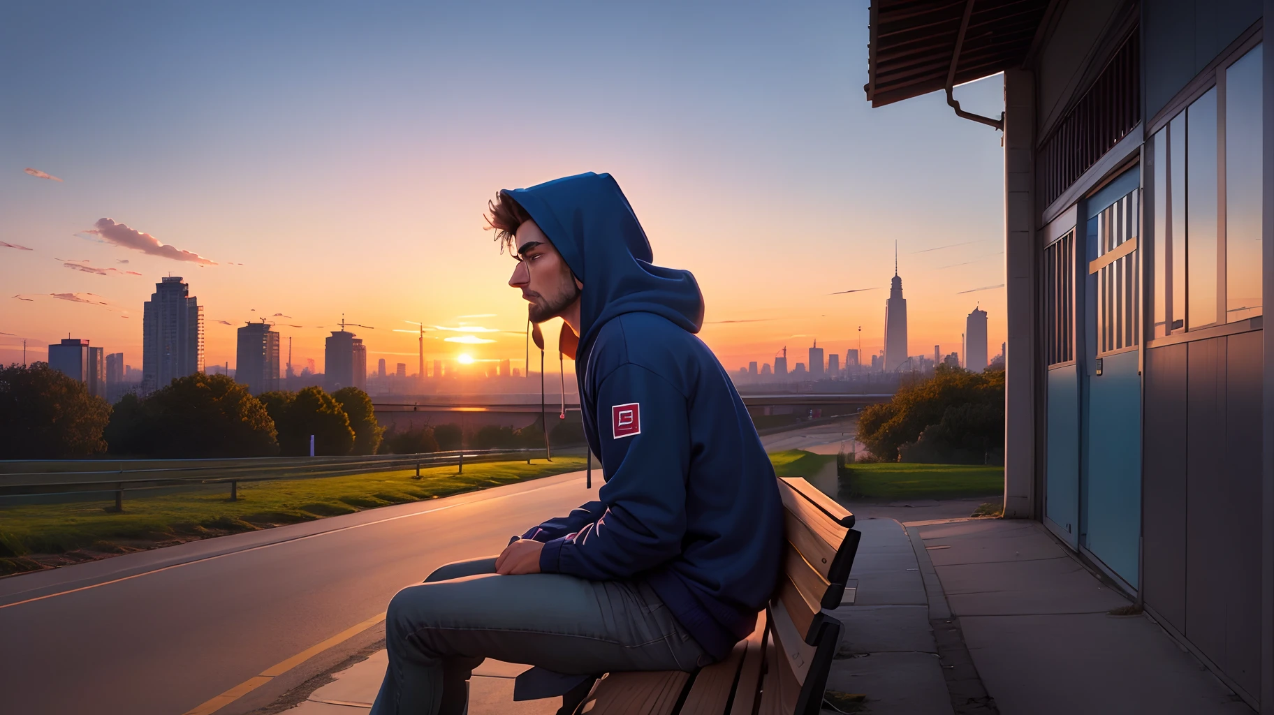 A man with a hoodie sitting on a bench at sunset on the outskirts of a city