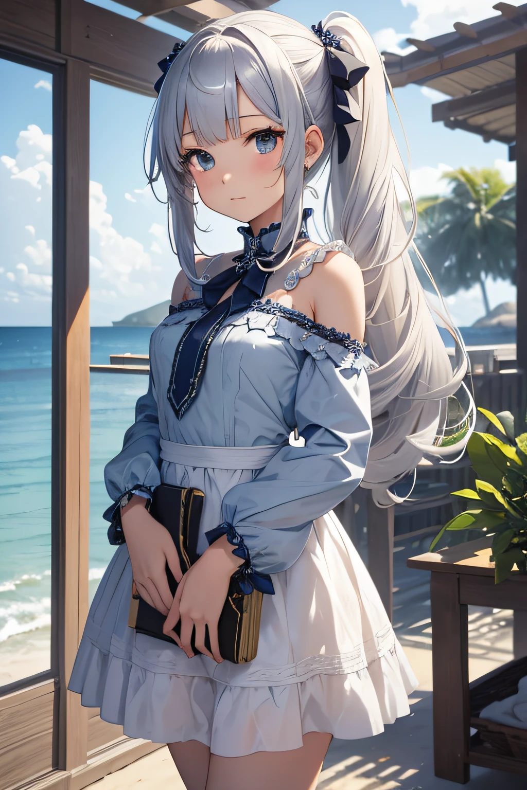 masterpiece、Background with((sea side、sand beach))、15yo student、a beauty girl、Silvery hair、Embroidery with attention to detail in the dress、skirt by the、perspiring、Hair wetness、Bunching hair、poneyTail