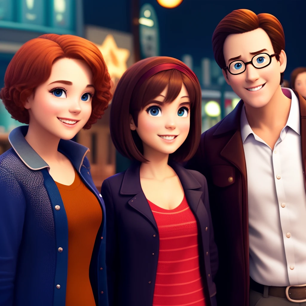 Pixar friend group two brunette women, one ginger man, and one brunette man