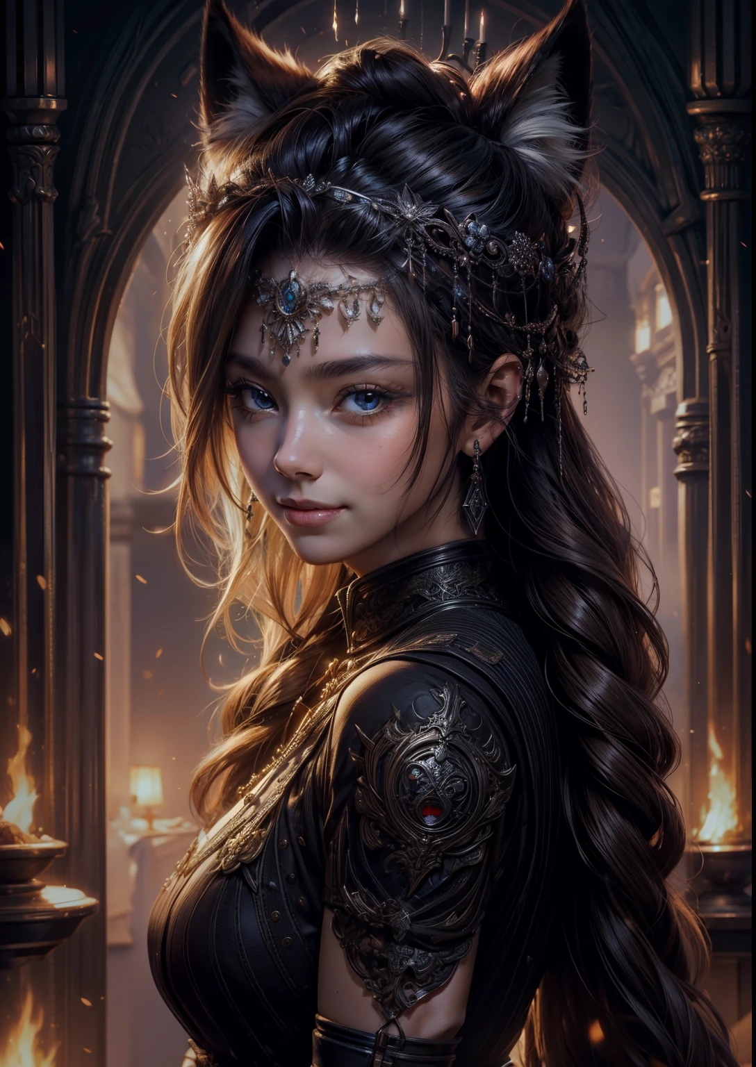 (masterpiece, best quality, high resolution, unity 8k wallpaper, extremely detailed CG:1), (illustration:1.0), 1girl, upper body, portrait, solo, foxyms, headband, gloves, pauldrons, shirt, smile on face